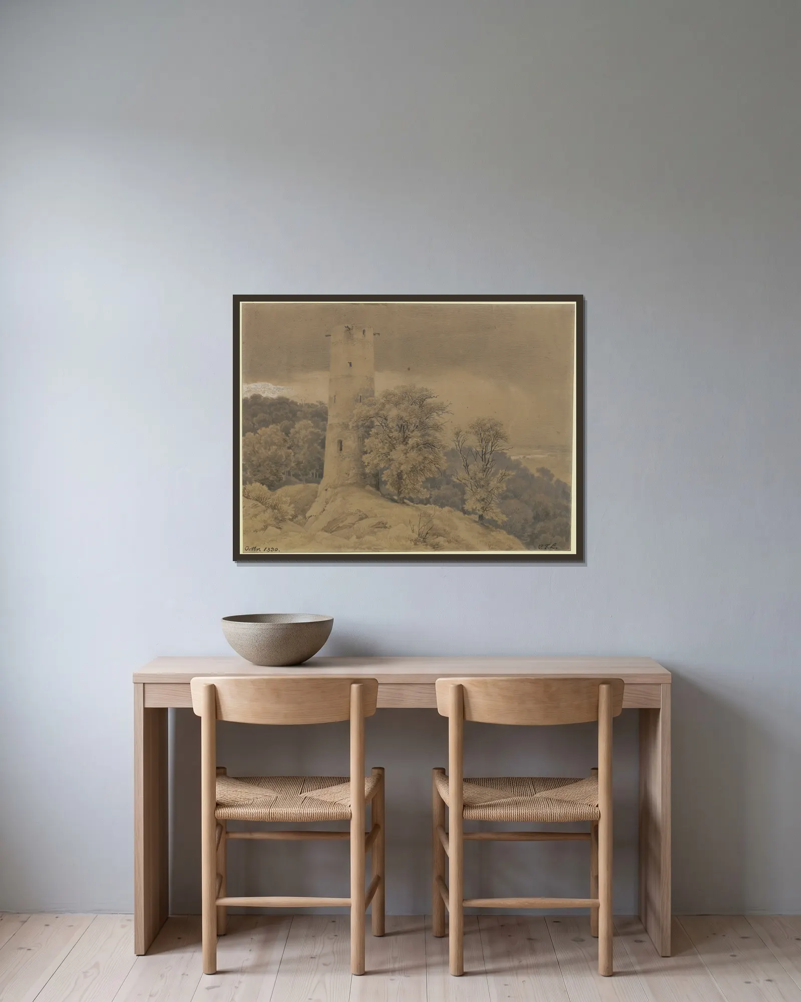 Waldlandschaft mit Wartturm av Karl Friedrich Lessing inramad på en vägg