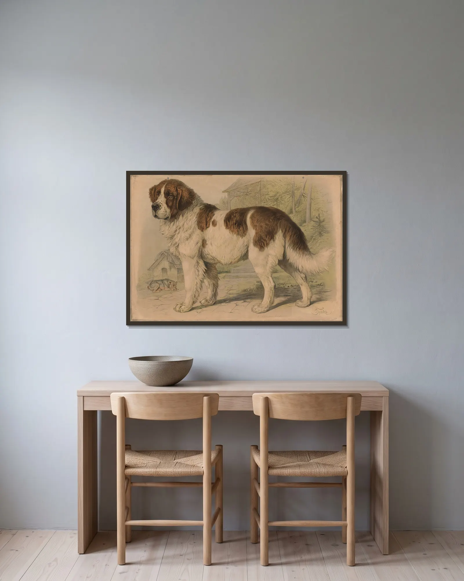 Dog av Friedrich Specht inramad på en vägg
