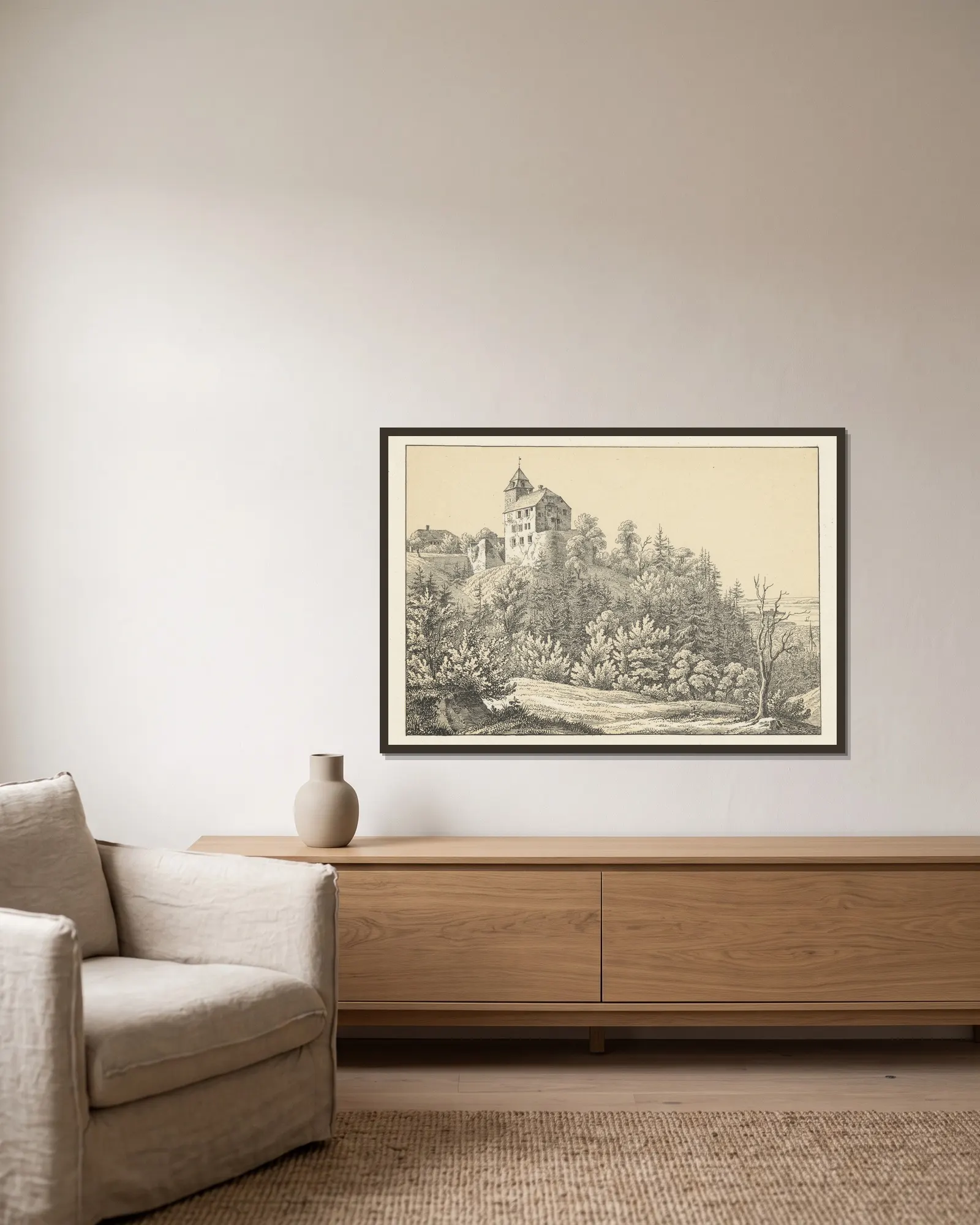 Moetteli Schloss av Johann Friedrich Wagner inramad på en vägg