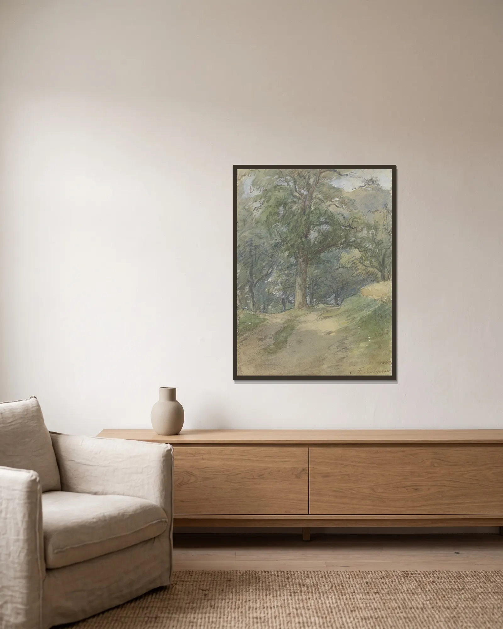 Sunny forest path av Jakob Fürchtegott Dielmann inramad på en vägg