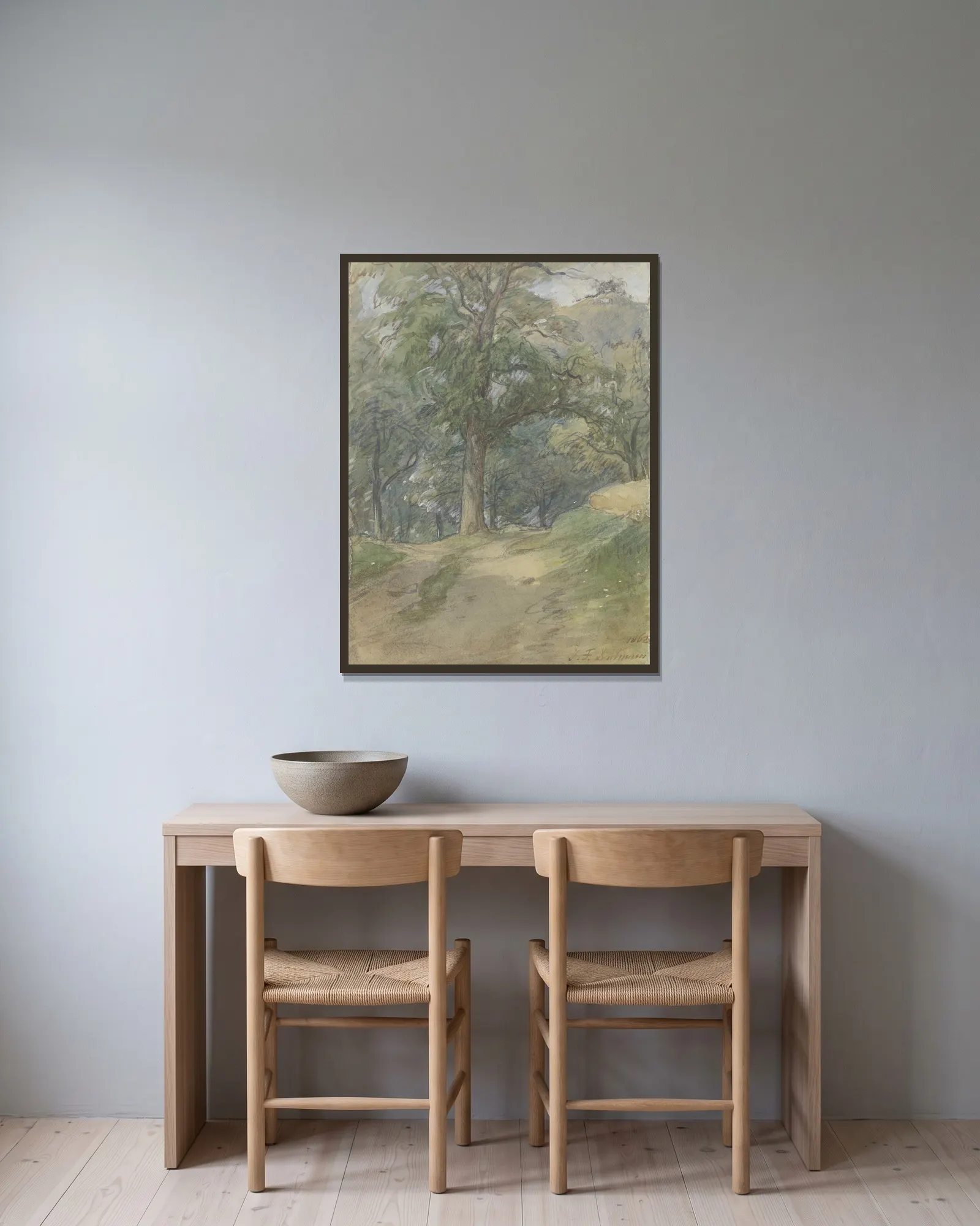 Sunny forest path av Jakob Fürchtegott Dielmann inramad på en vägg