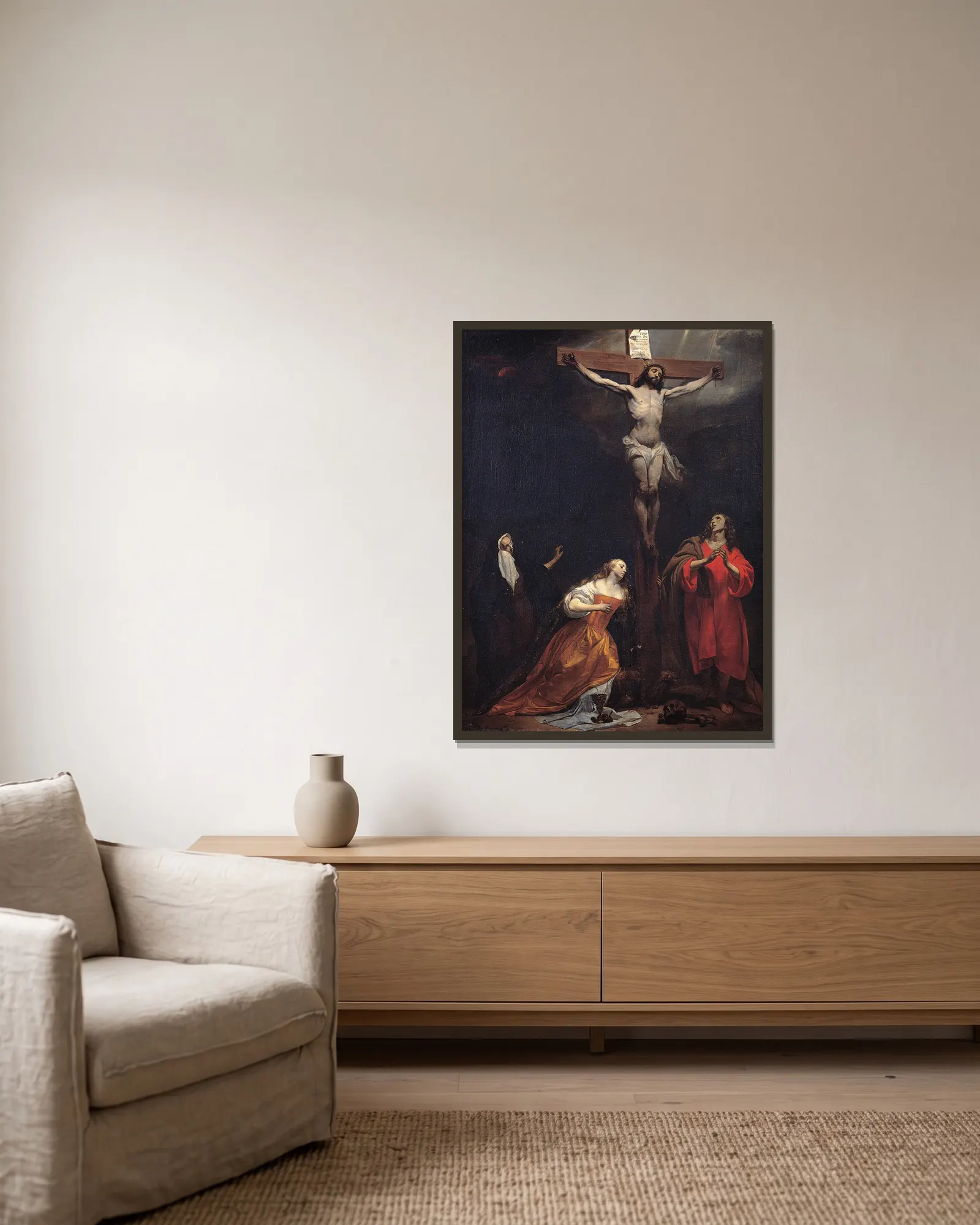 Crucifixion av Gabriel Metsu inramad på en vägg