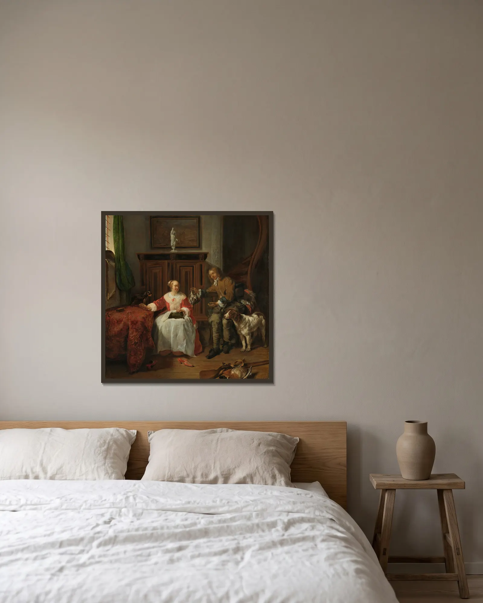 The Hunter’s Present av Gabriel Metsu inramad på en vägg