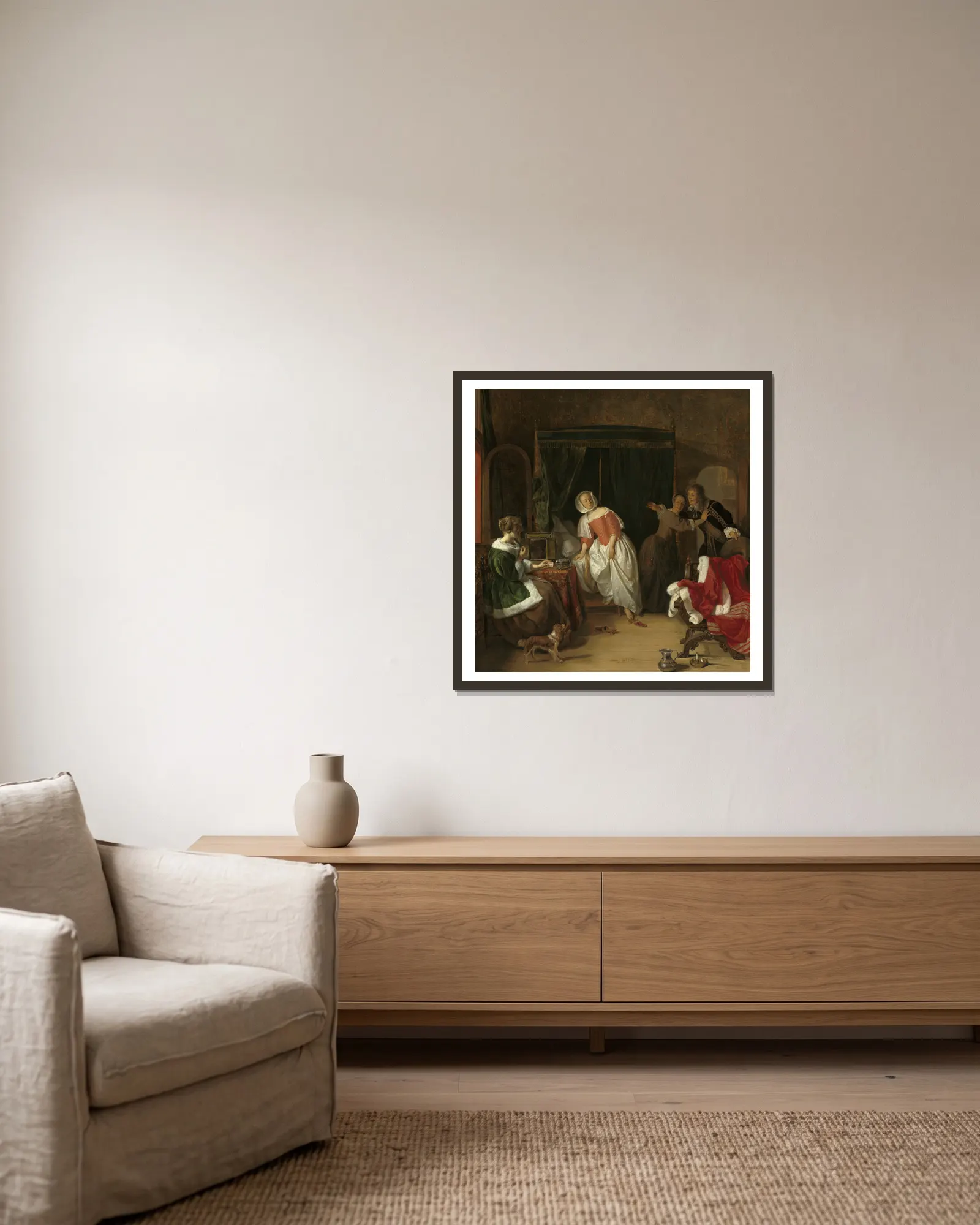 The Intruder av Gabriel Metsu inramad på en vägg