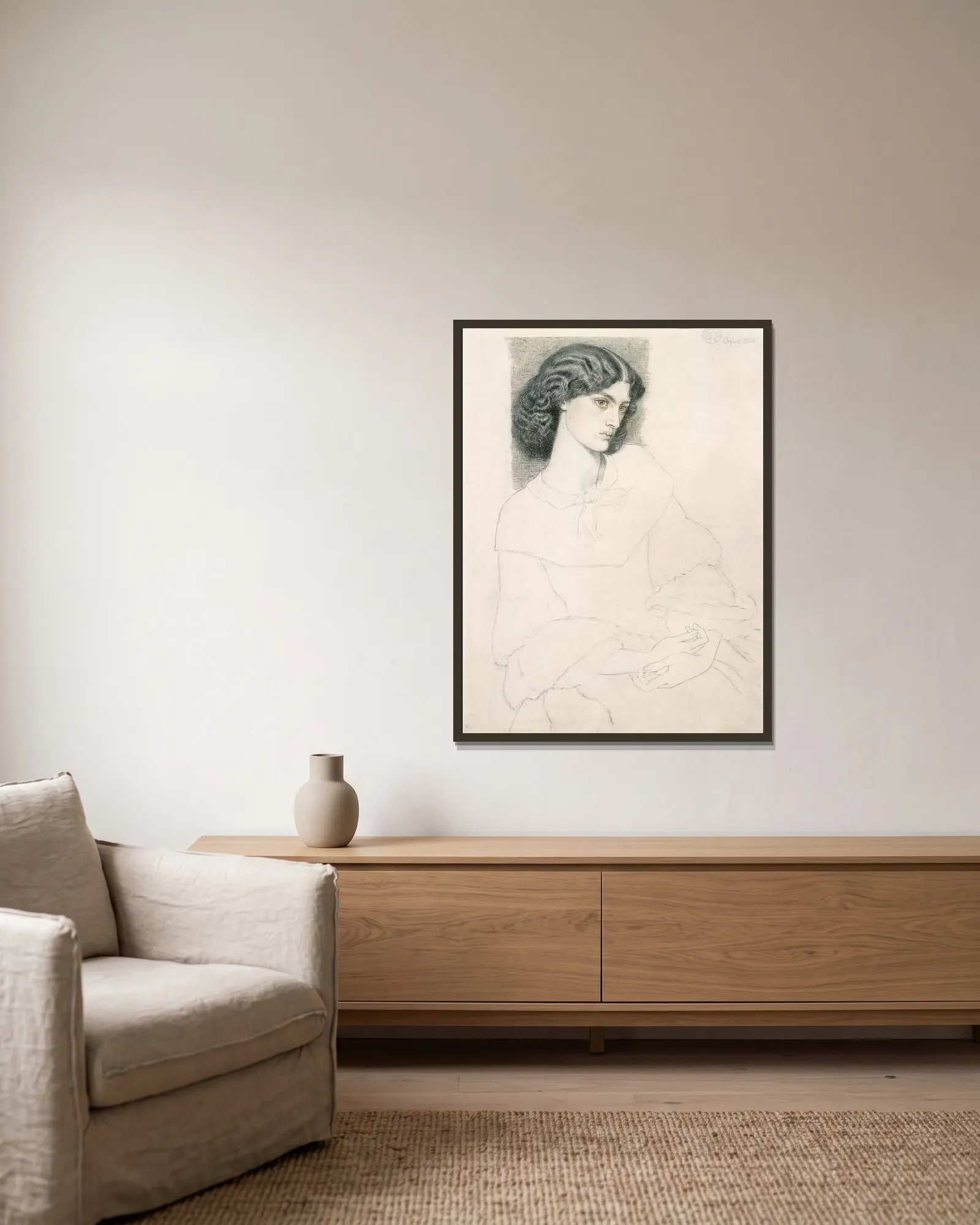Jane Burden (1840-1914) av Dante Gabriel Rossetti inramad på en vägg