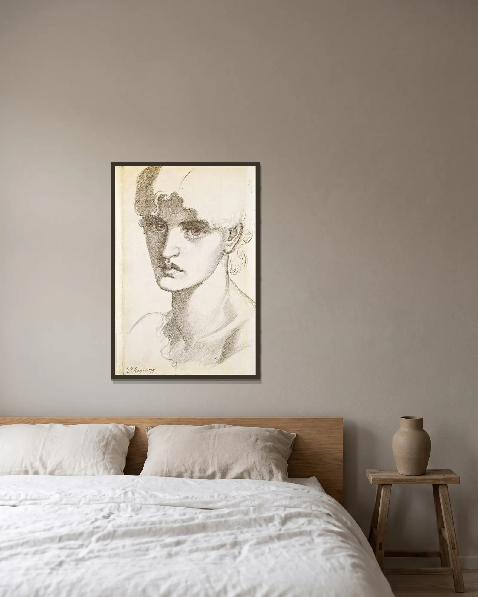 Jane Morris av Dante Gabriel Rossetti inramad på en vägg