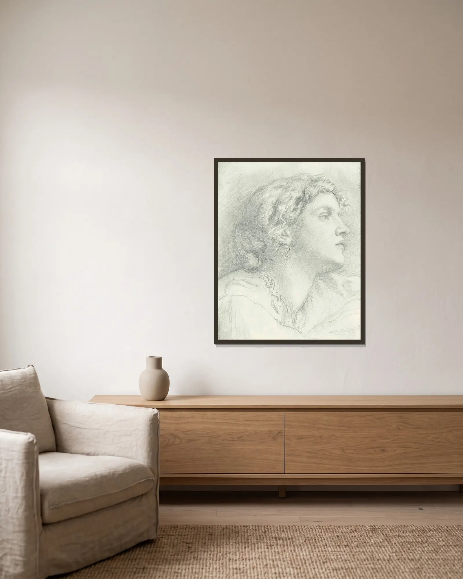 Study of Fanny Cornforth av Dante Gabriel Rossetti inramad på en vägg
