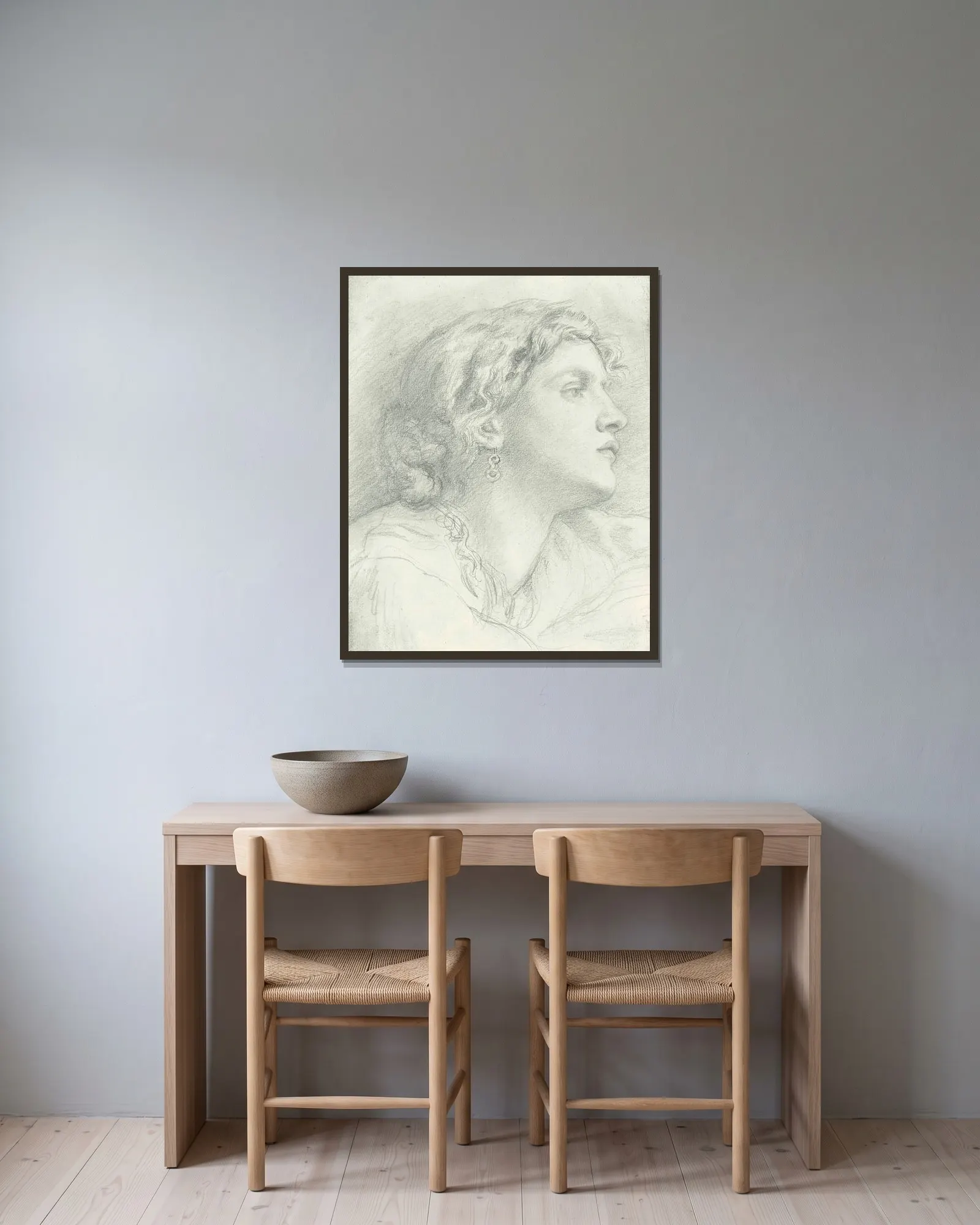 Study of Fanny Cornforth av Dante Gabriel Rossetti inramad på en vägg