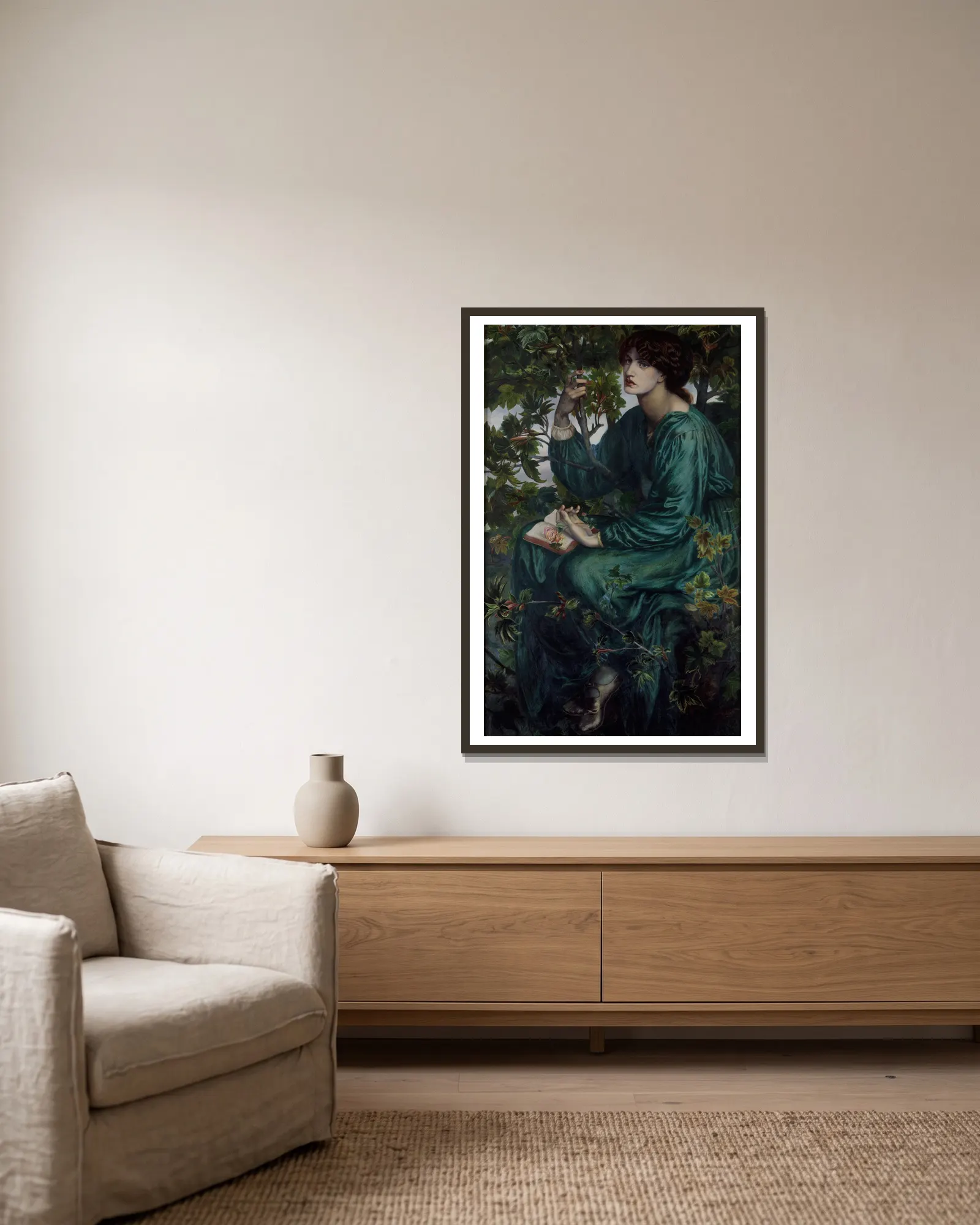 The Day Dream av Dante Gabriel Rossetti inramad på en vägg