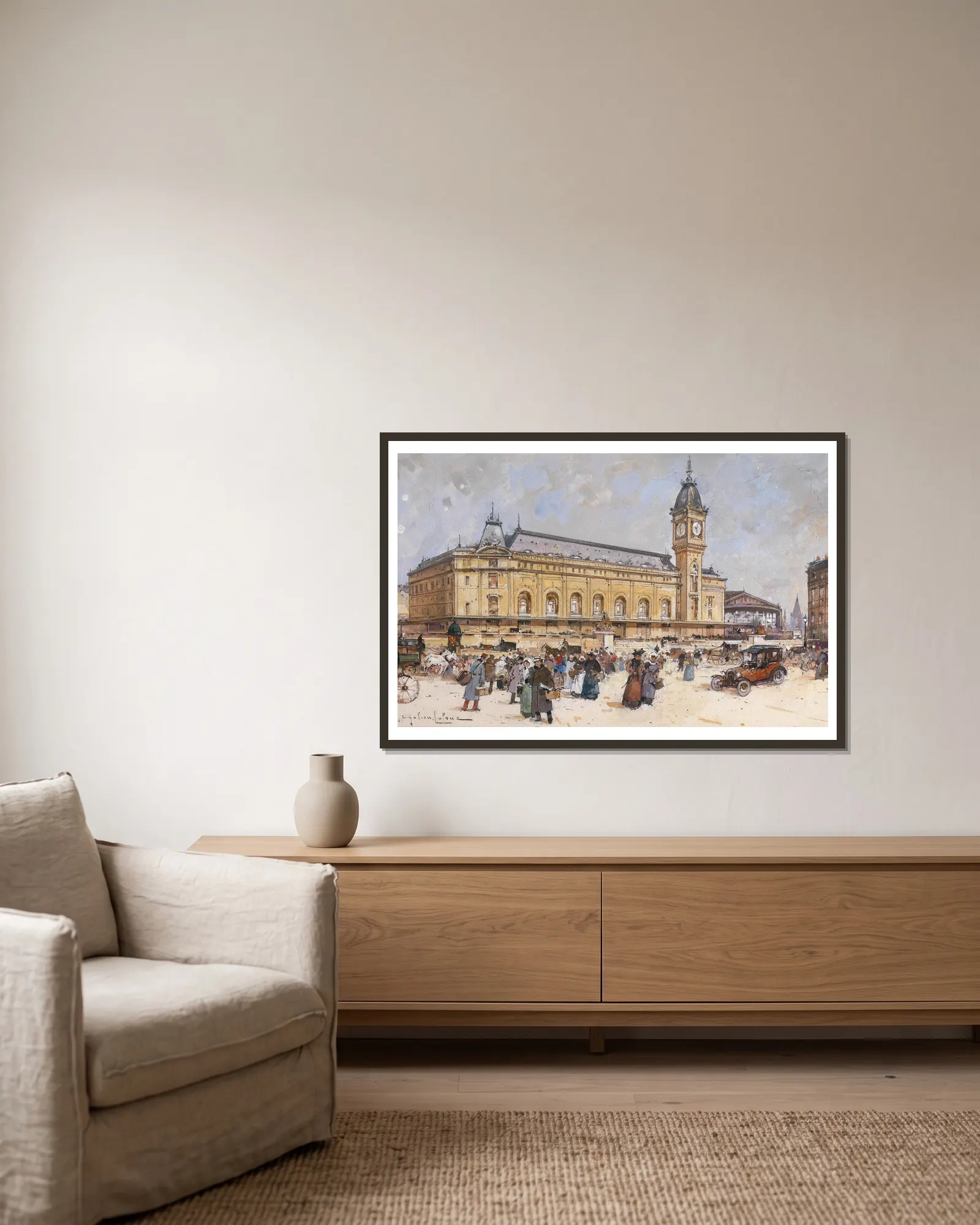 Gare de Lyon av Eugène Galien-Laloue inramad på en vägg