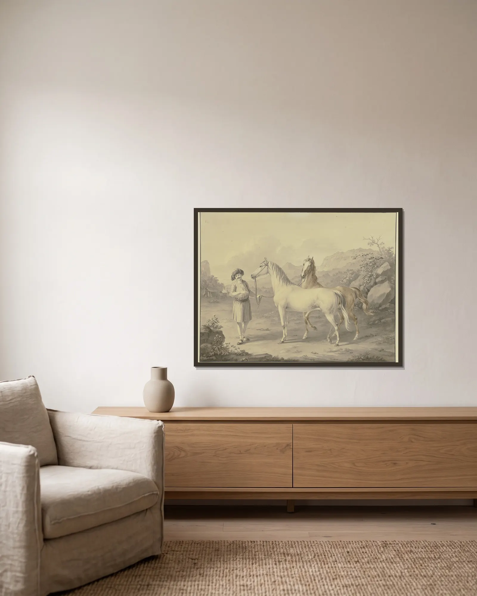 Arabian horses av Johann Georg Pforr inramad på en vägg