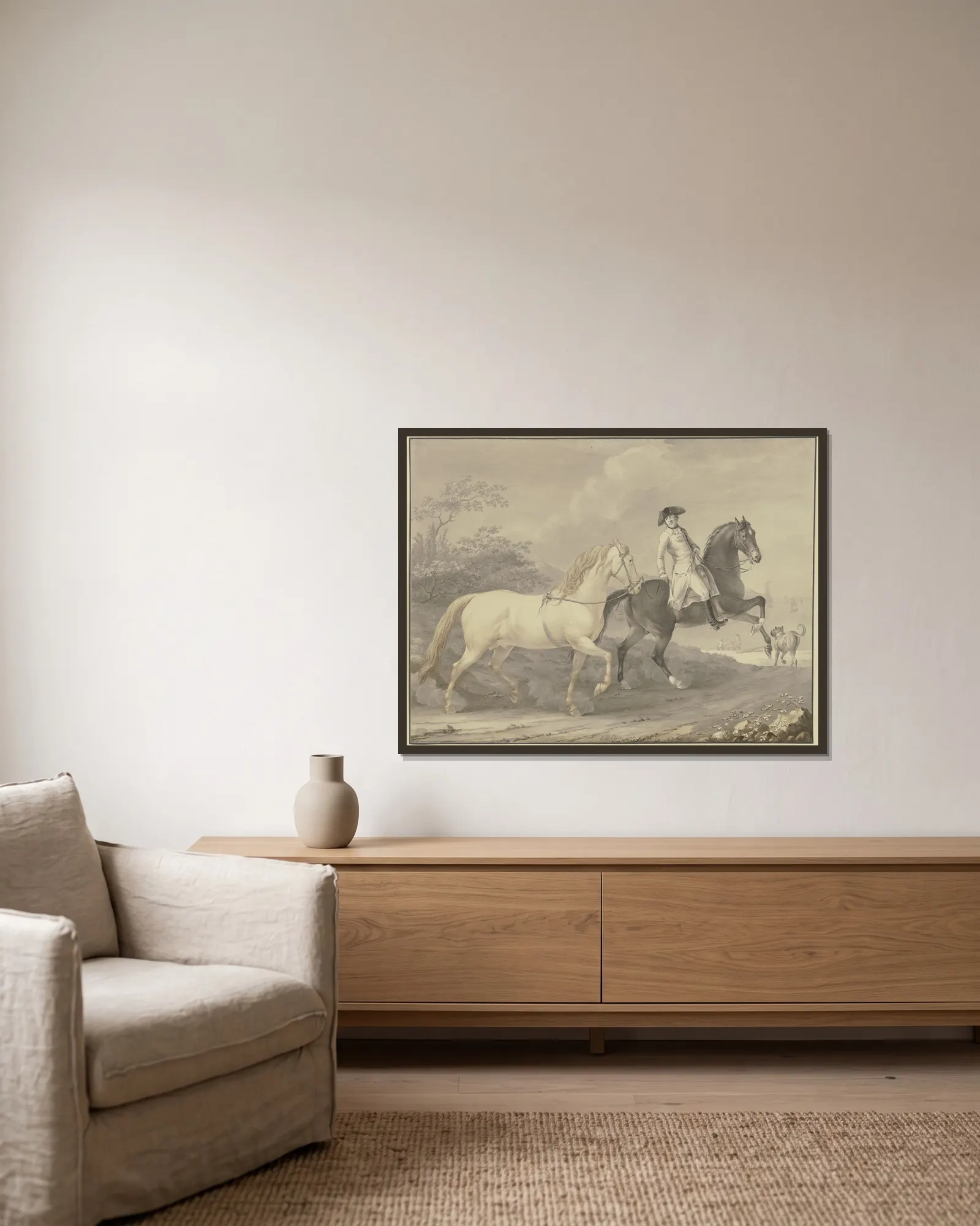 Danish horses av Johann Georg Pforr inramad på en vägg