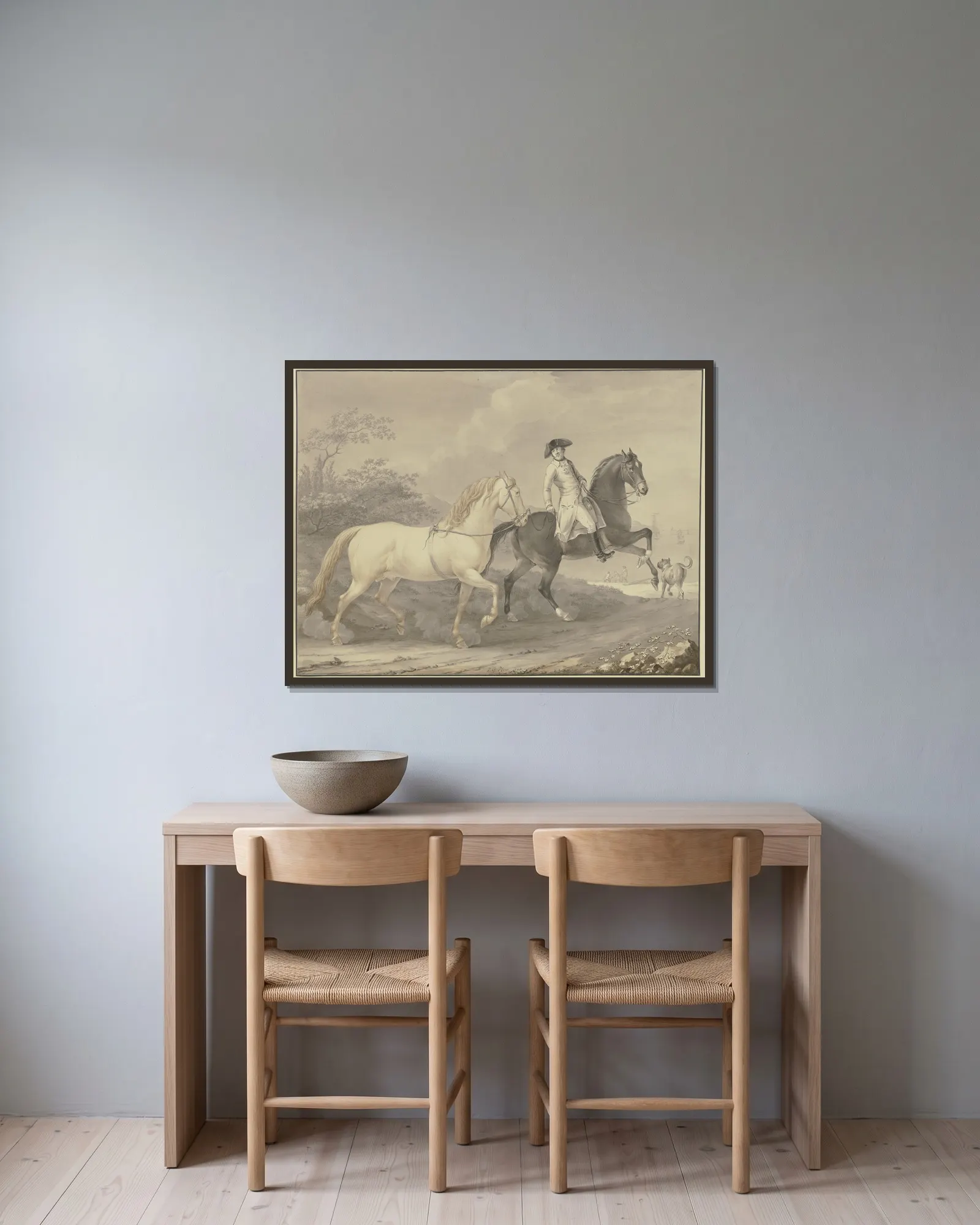 Danish horses av Johann Georg Pforr inramad på en vägg