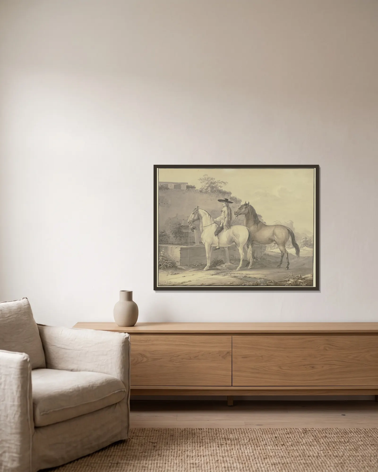 Spanish horses av Johann Georg Pforr inramad på en vägg