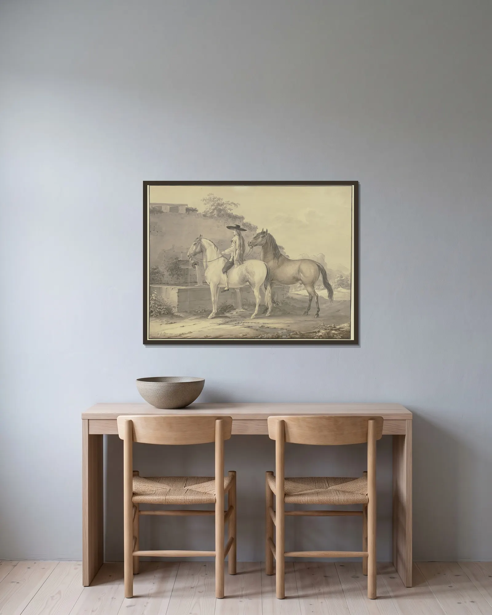 Spanish horses av Johann Georg Pforr inramad på en vägg