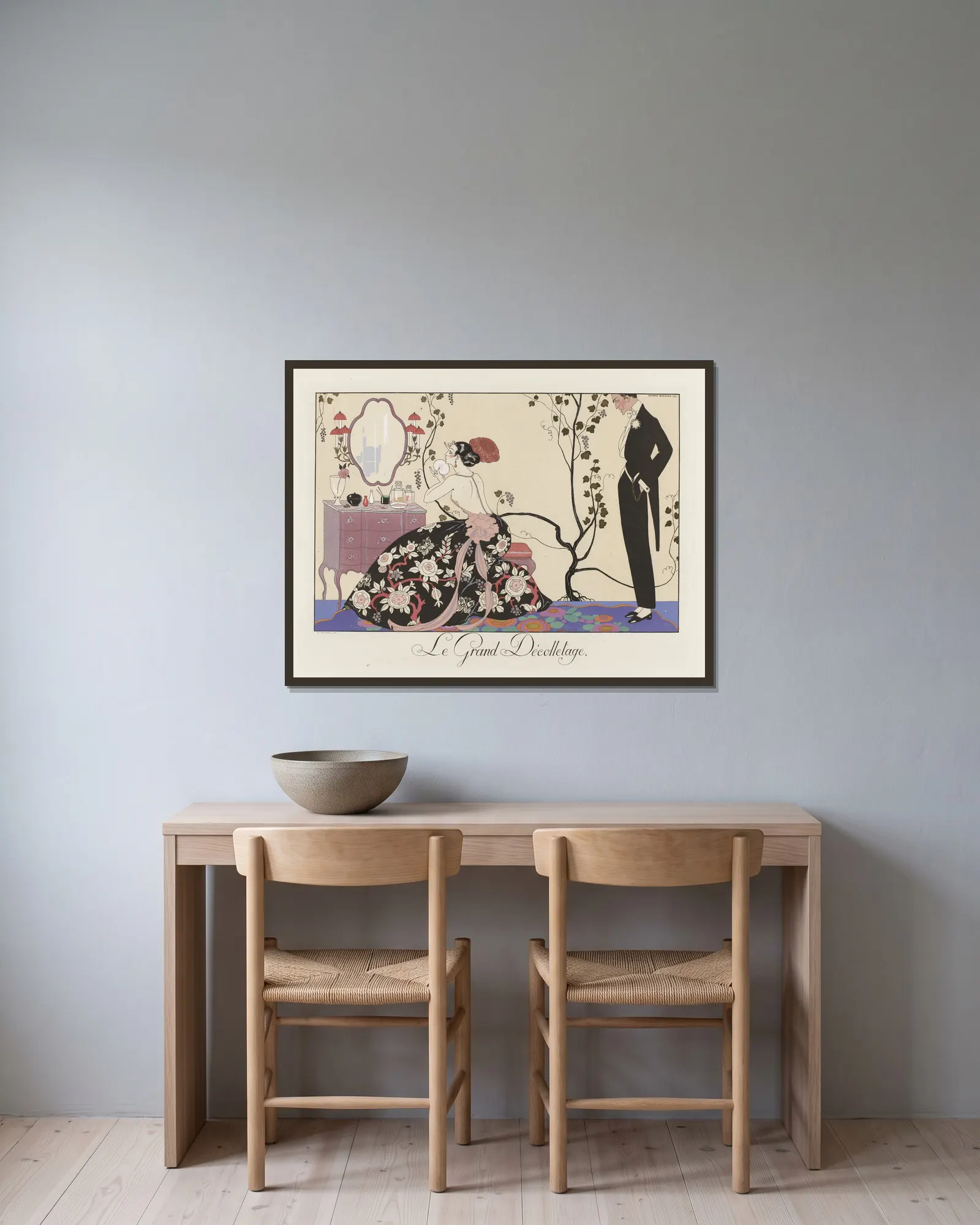 Le Grand Décolletage av George Barbier inramad på en vägg