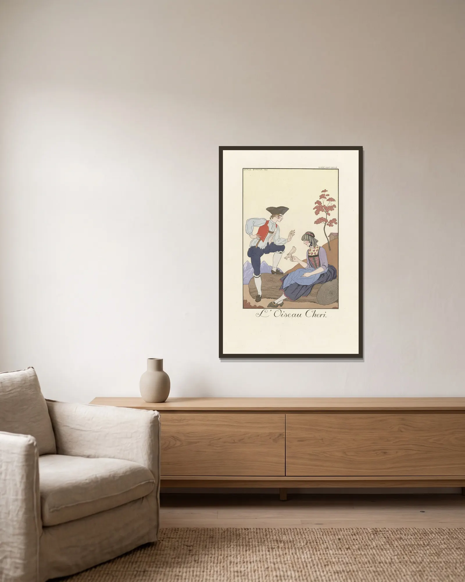 L’Oiseau Cheri av George Barbier inramad på en vägg
