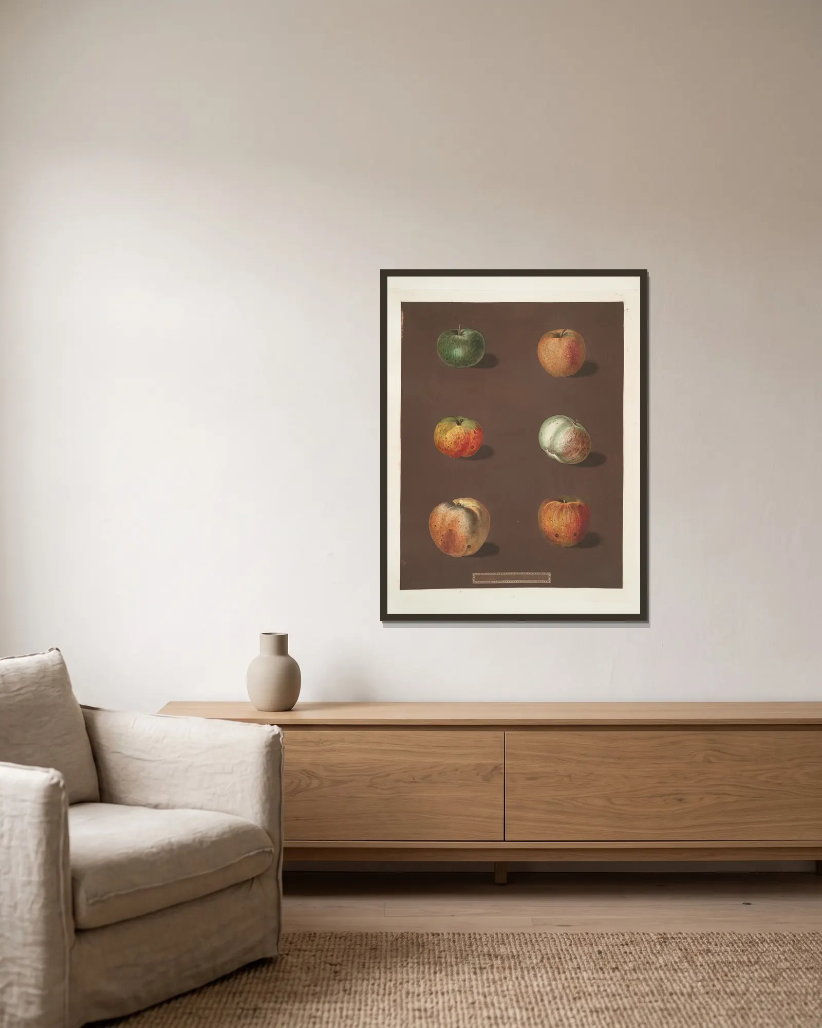 Apples (Rhenet Gray, Padly’s Pippin, Bigg’s Nonsuch, July flower, Kirk’s scarlet admirable and the Ribstone Pippin varities). av George Brookshaw inramad på en vägg