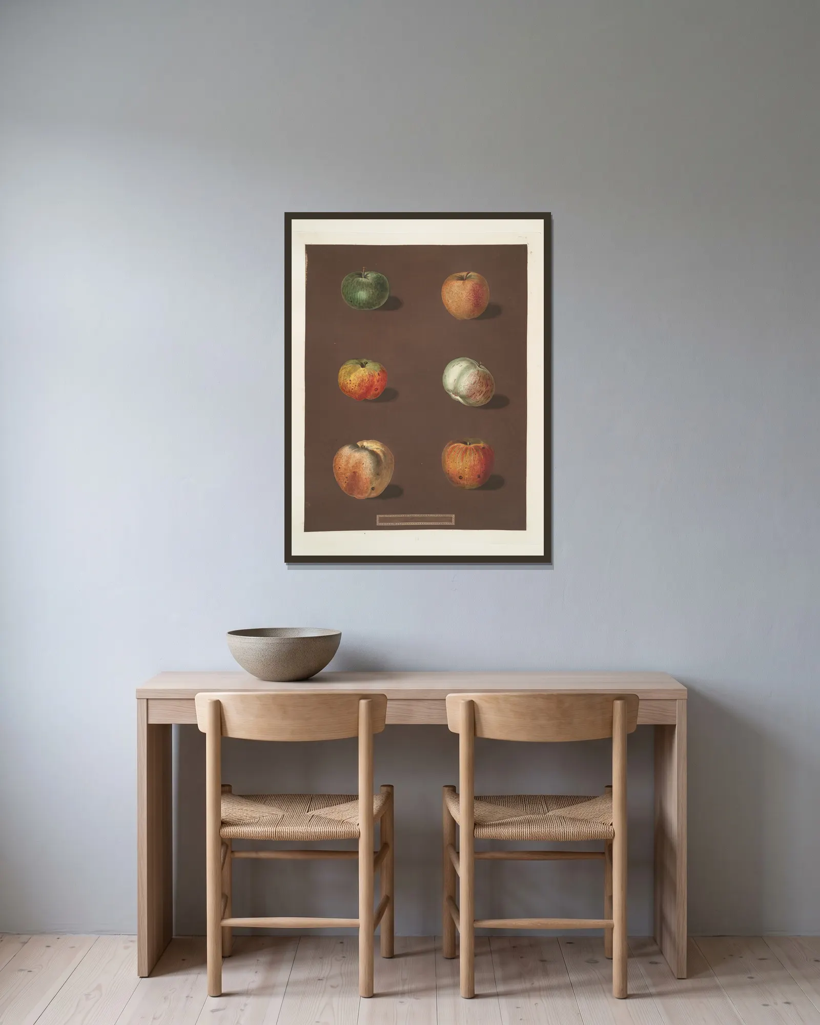 Apples (Rhenet Gray, Padly’s Pippin, Bigg’s Nonsuch, July flower, Kirk’s scarlet admirable and the Ribstone Pippin varities). av George Brookshaw inramad på en vägg