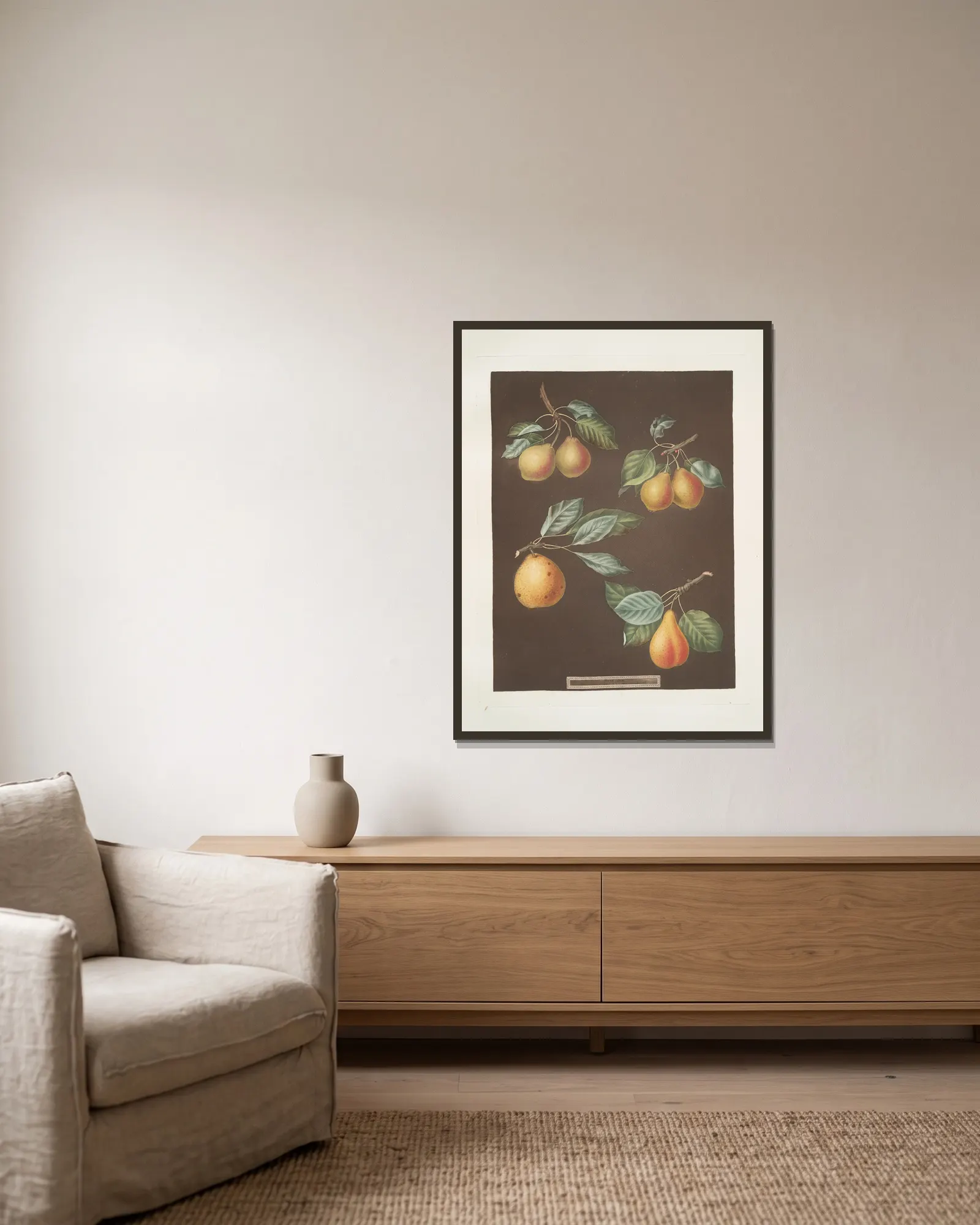 Pears (Valley, Petit Russelet, Doyenne, or Saint Michael, and the Russselet de Rheims, or Gross Russelet varities). av George Brookshaw inramad på en vägg