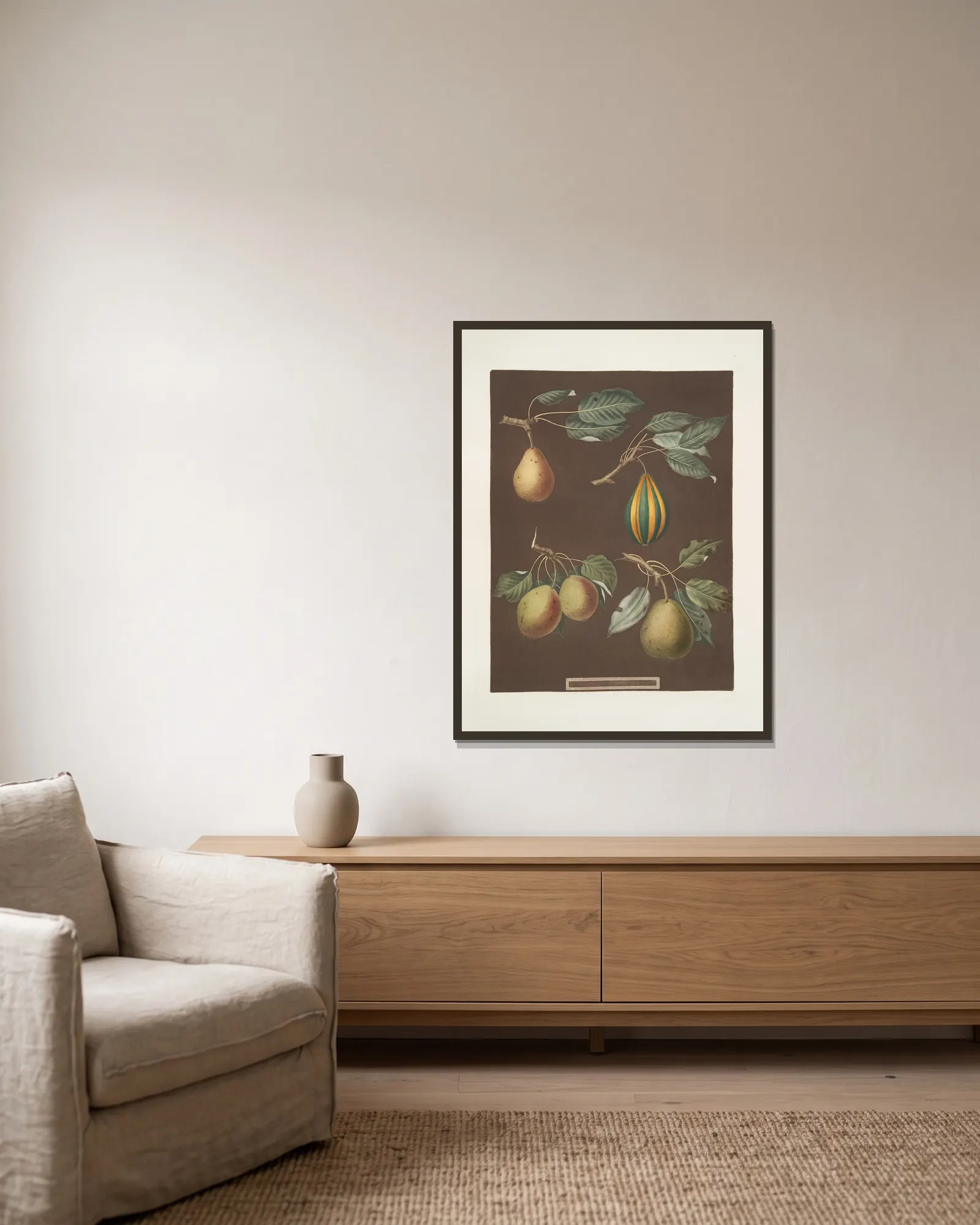 Pears (Virgoulle, Striped vert longue, Swan’s egg and the Pear d’Auch varities). av George Brookshaw inramad på en vägg