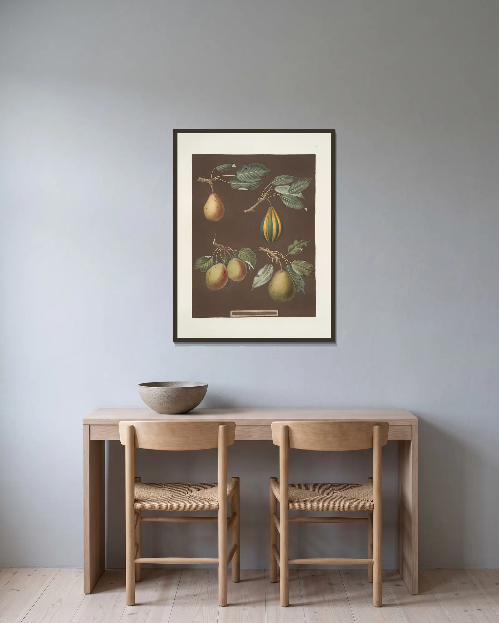 Pears (Virgoulle, Striped vert longue, Swan’s egg and the Pear d’Auch varities). av George Brookshaw inramad på en vägg