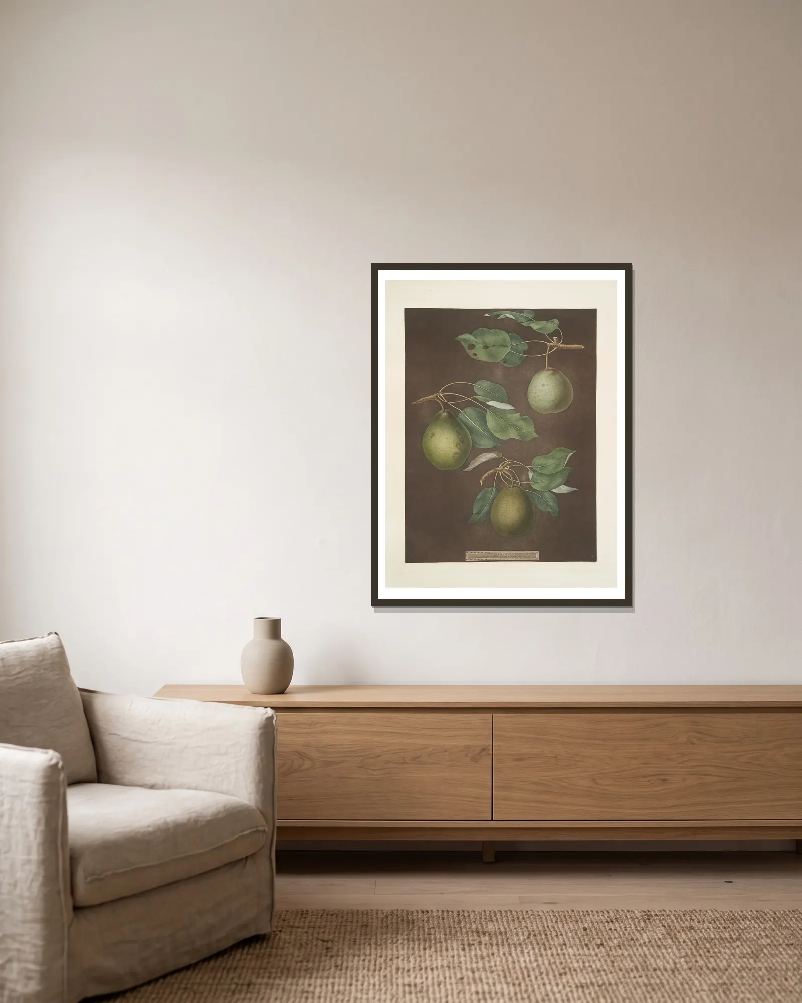 Pears (Cressan, Tarlington and the Aster bergamot varities). av George Brookshaw inramad på en vägg
