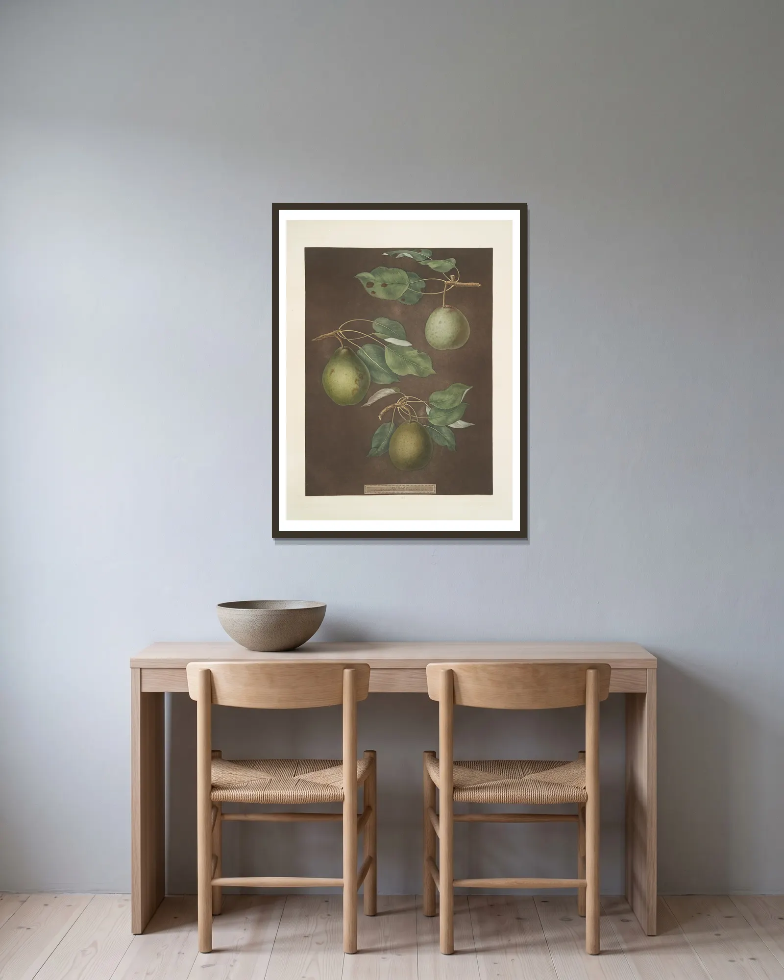 Pears (Cressan, Tarlington and the Aster bergamot varities). av George Brookshaw inramad på en vägg