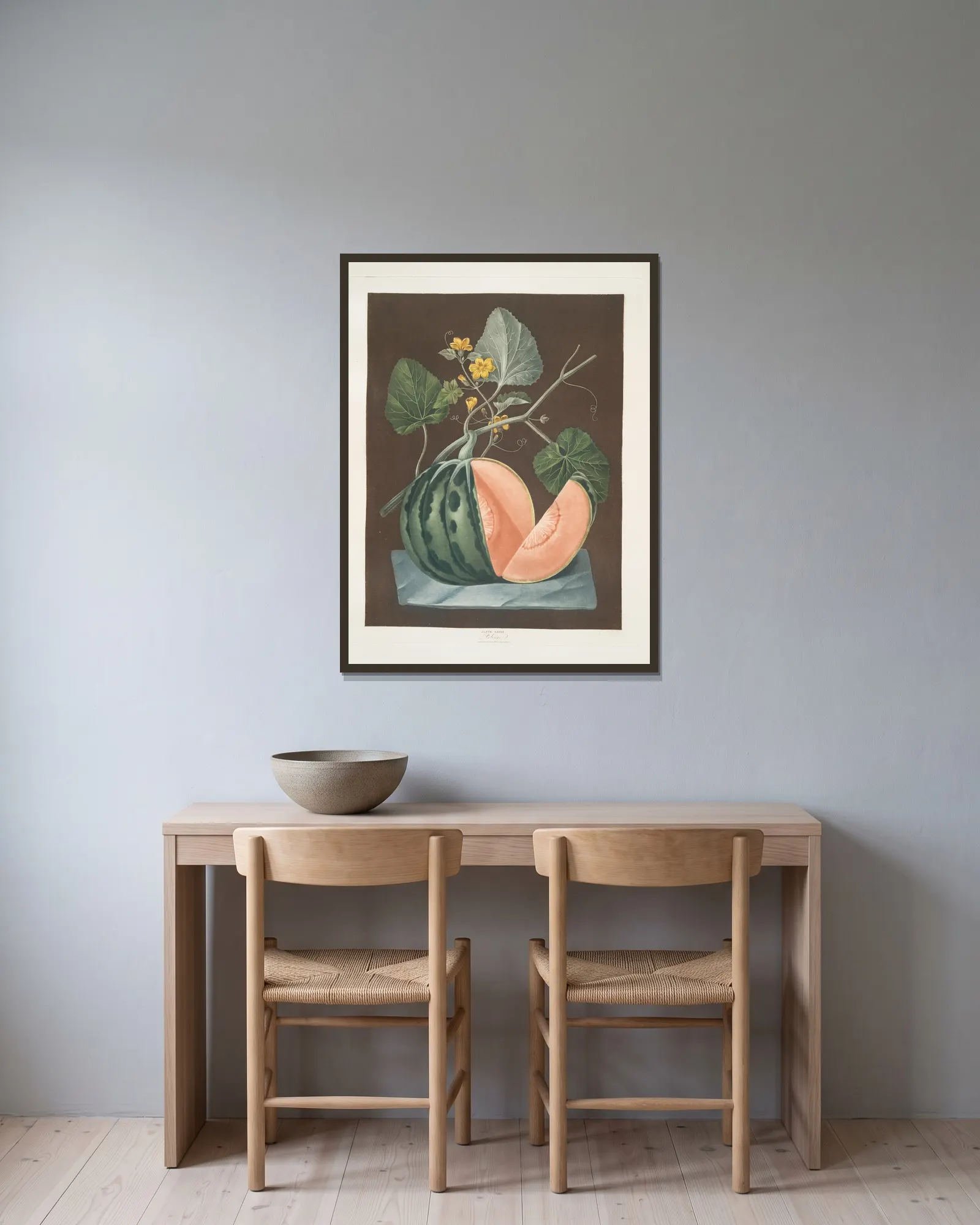 Polinac melon. av George Brookshaw inramad på en vägg