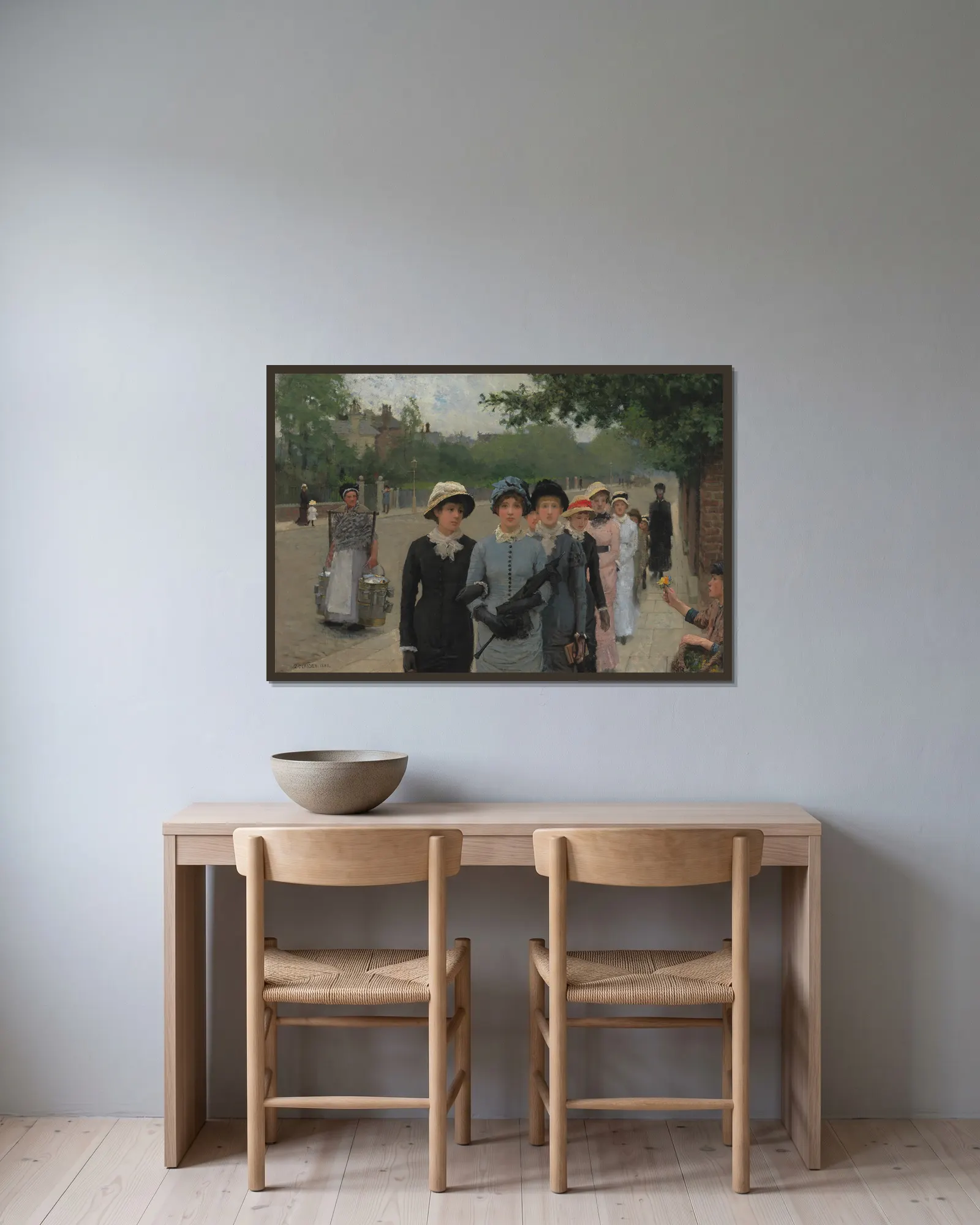 Schoolgirls av Sir George Clausen inramad på en vägg