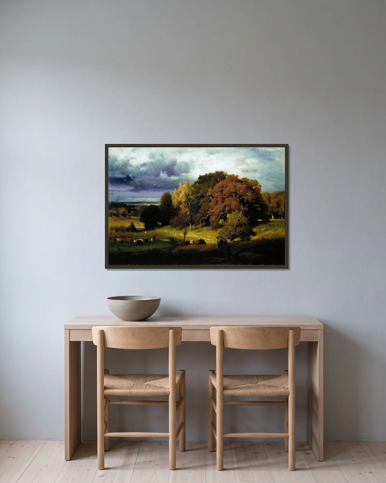 Autumn Oaks av George Inness inramad på en vägg