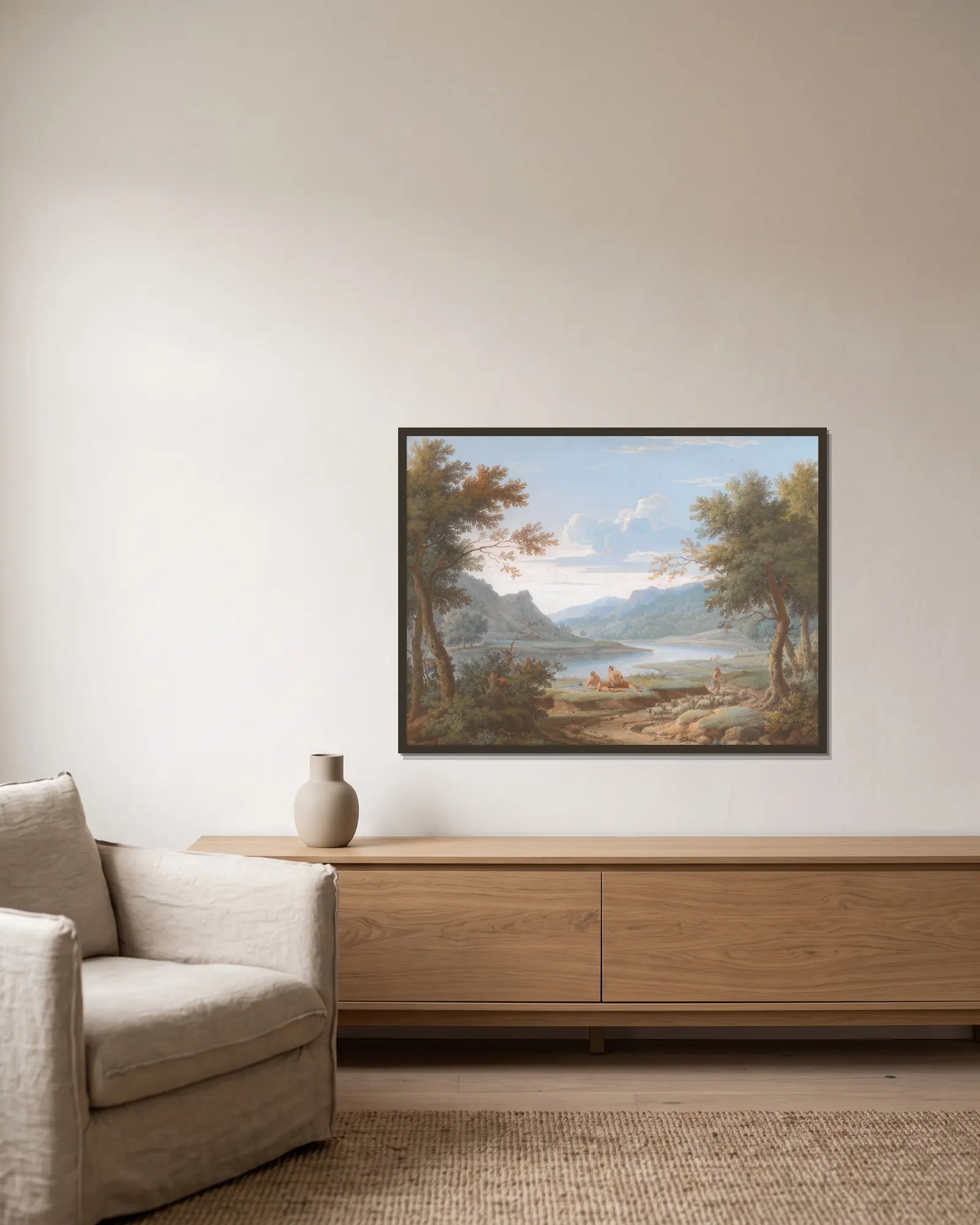 An Arcadian Landscape av George Lambert inramad på en vägg