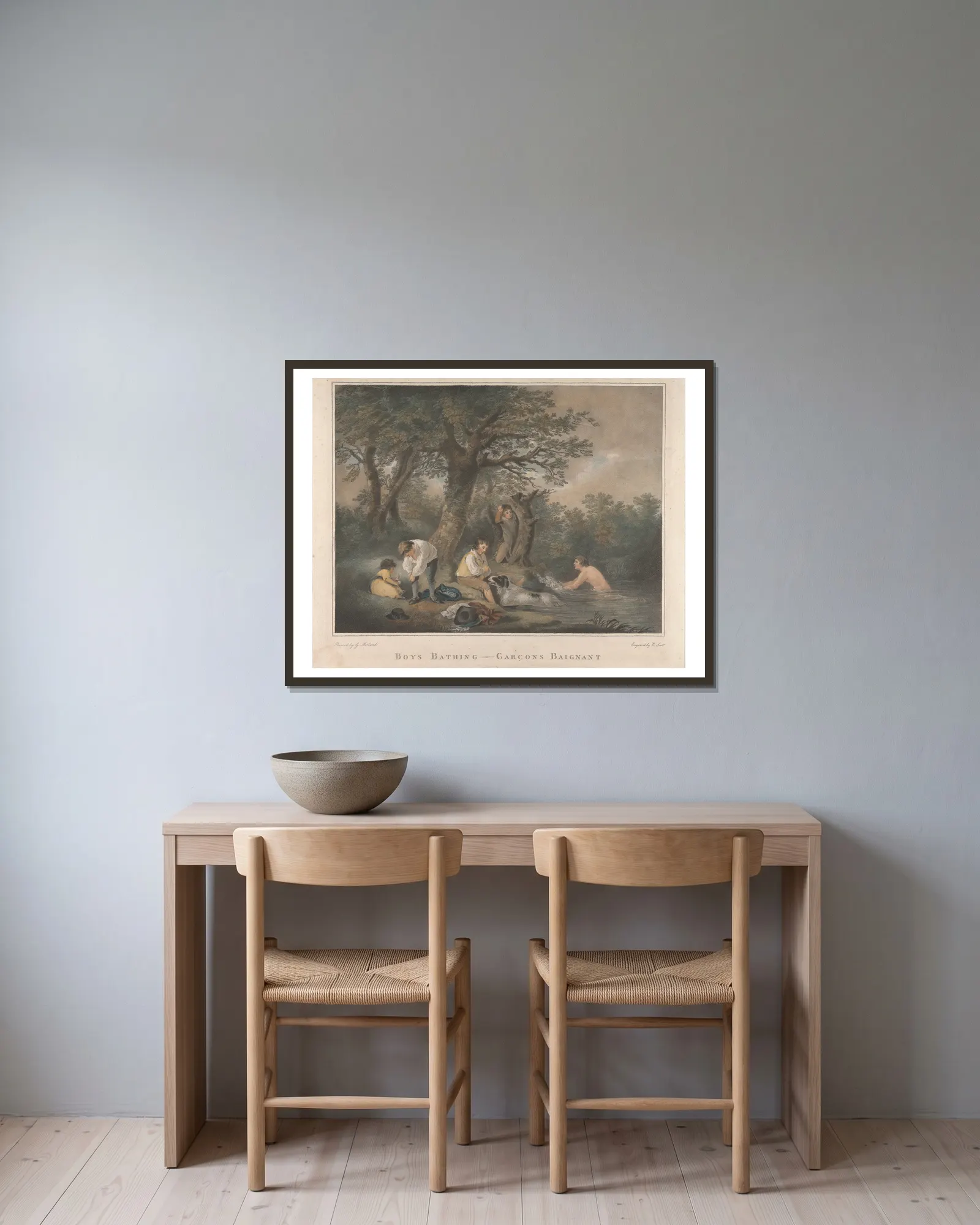 Boys Bathing av George Morland inramad på en vägg
