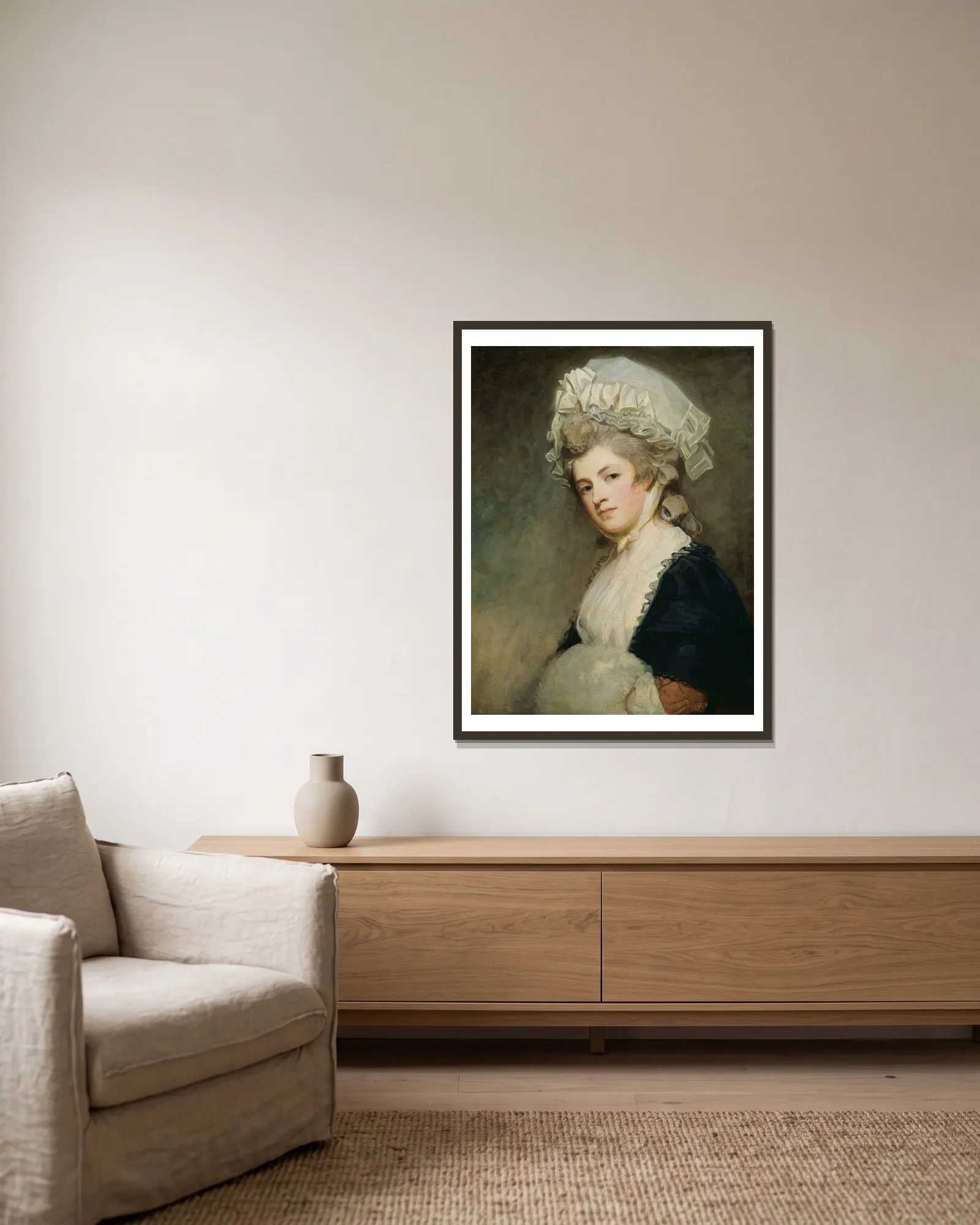 Mrs Mary Robinson av George Romney inramad på en vägg