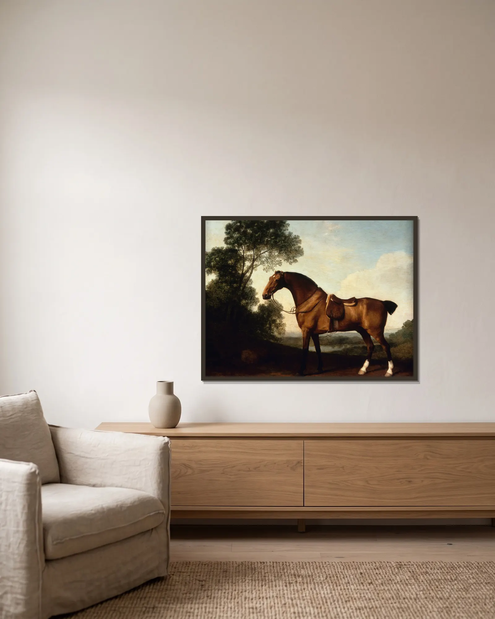 A Saddled Bay Hunter av George Stubbs inramad på en vägg