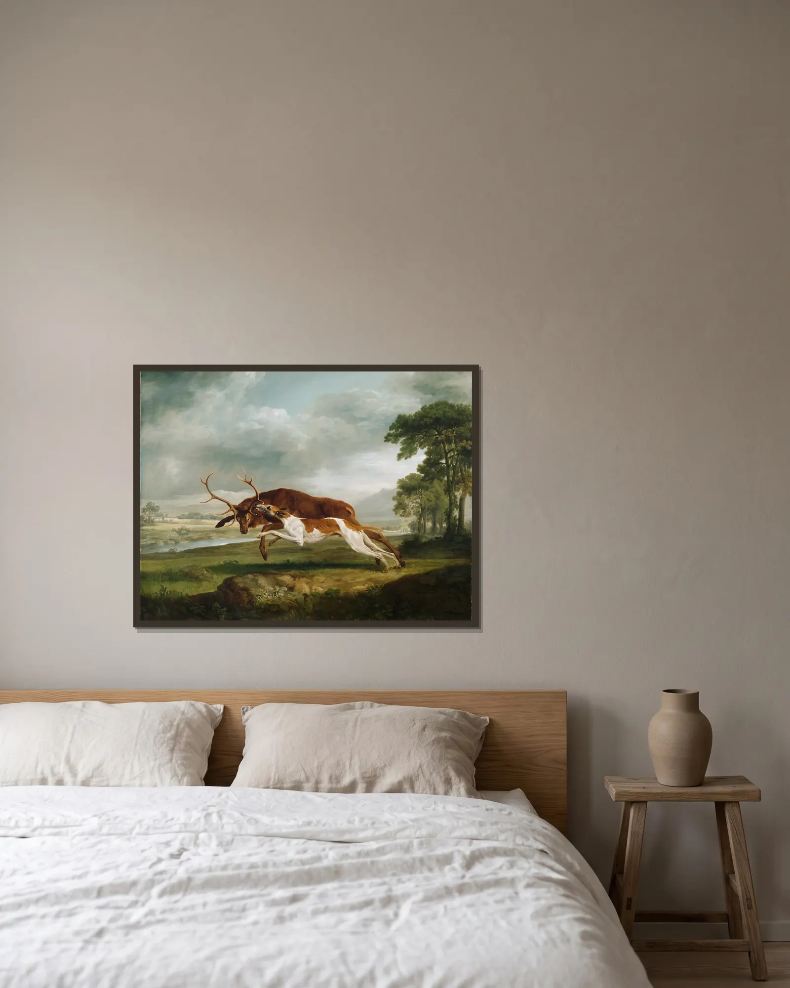 Hound Coursing a Stag av George Stubbs inramad på en vägg