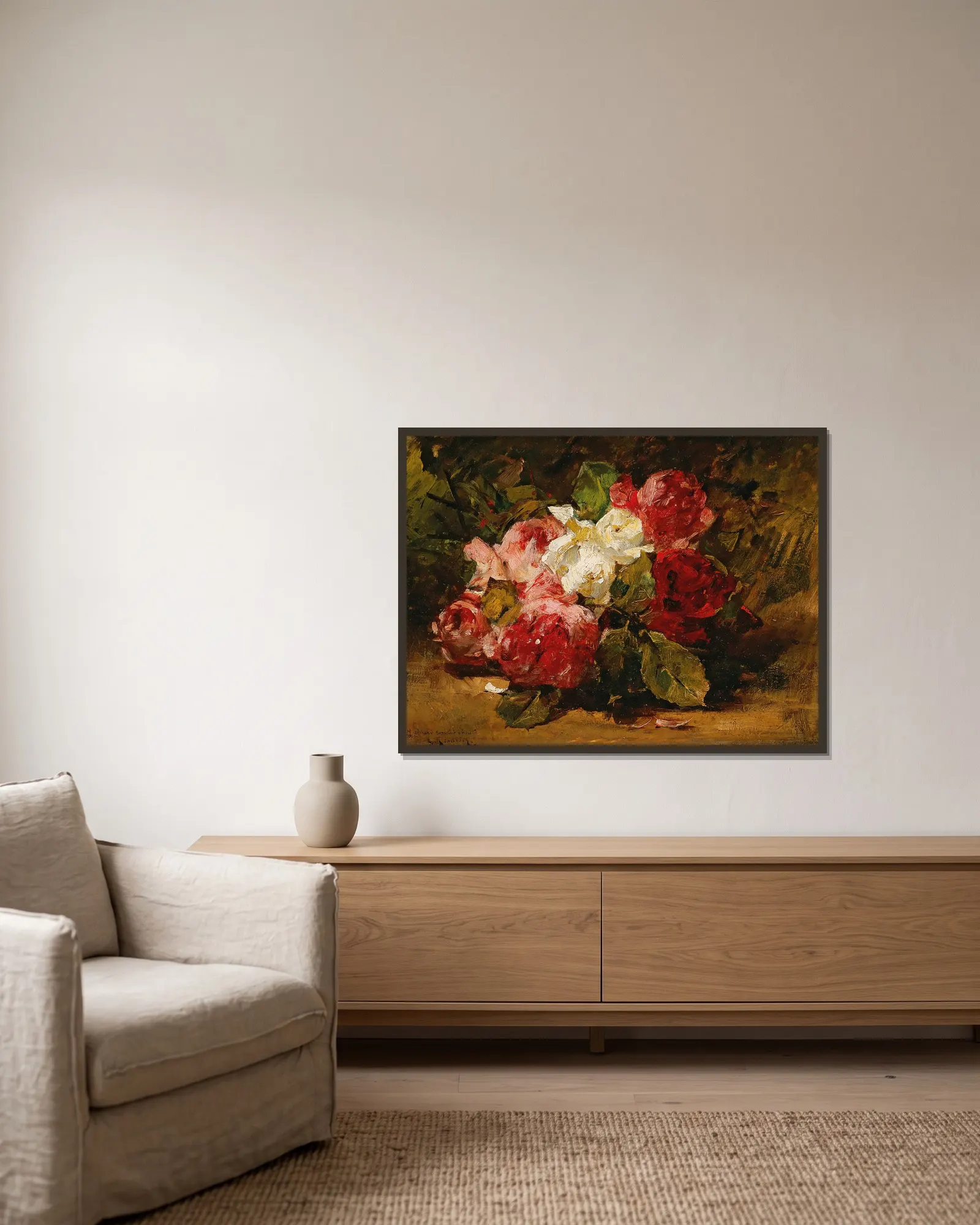 Roses III av Georges Jeannin inramad på en vägg