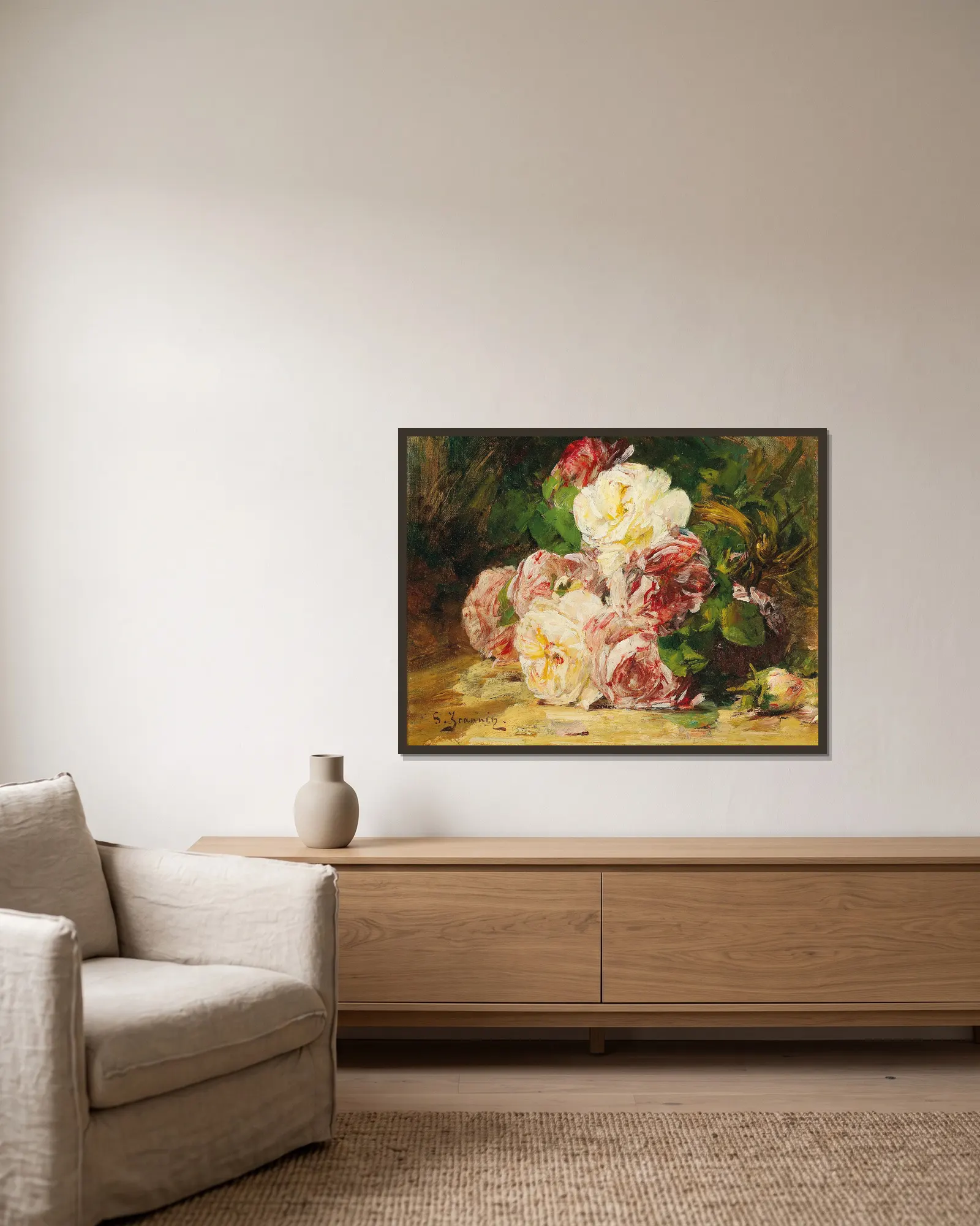 Roses V av Georges Jeannin inramad på en vägg