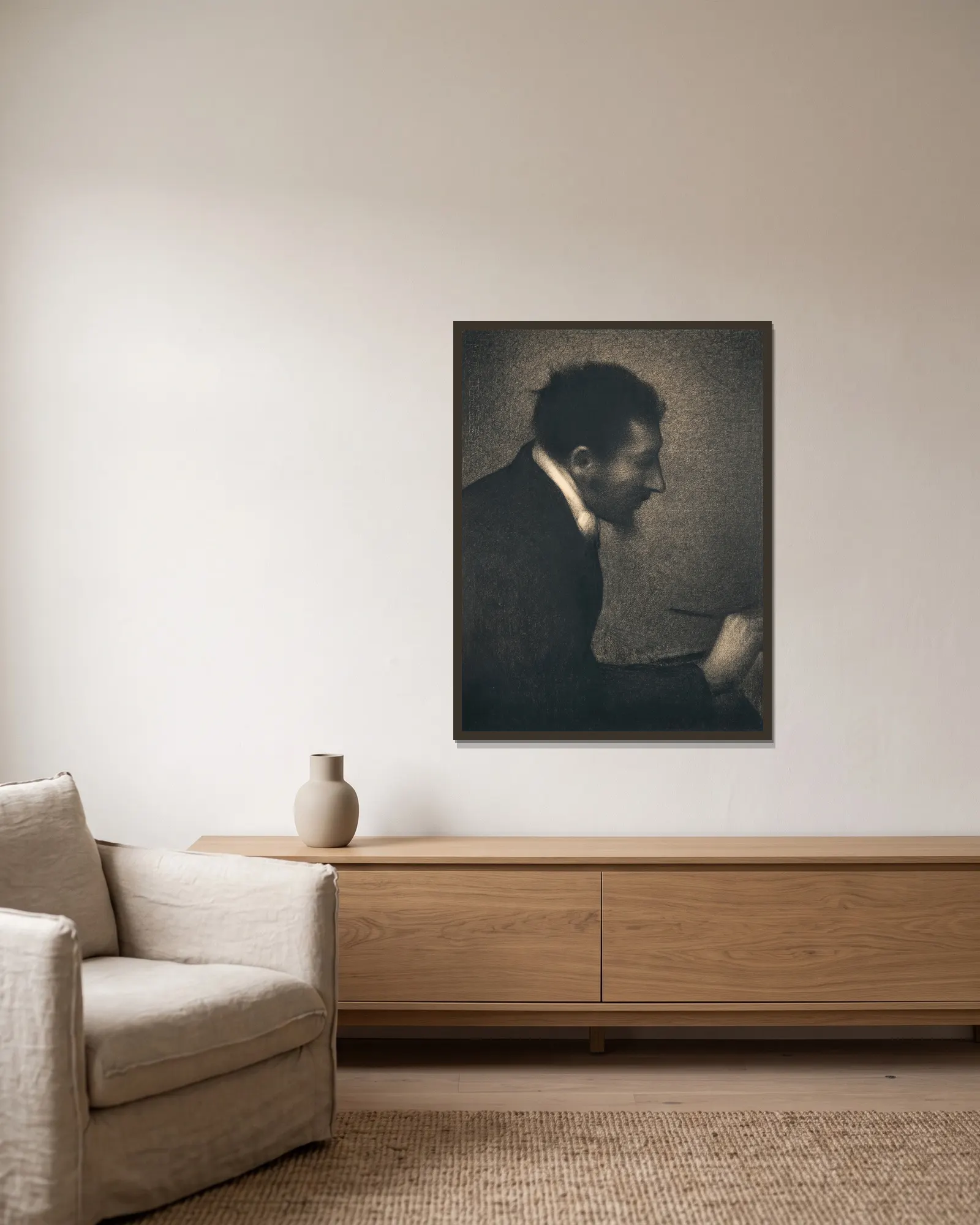 Aman-Jean (Portrait of Edmond François Aman-Jean) av Georges Seurat inramad på en vägg