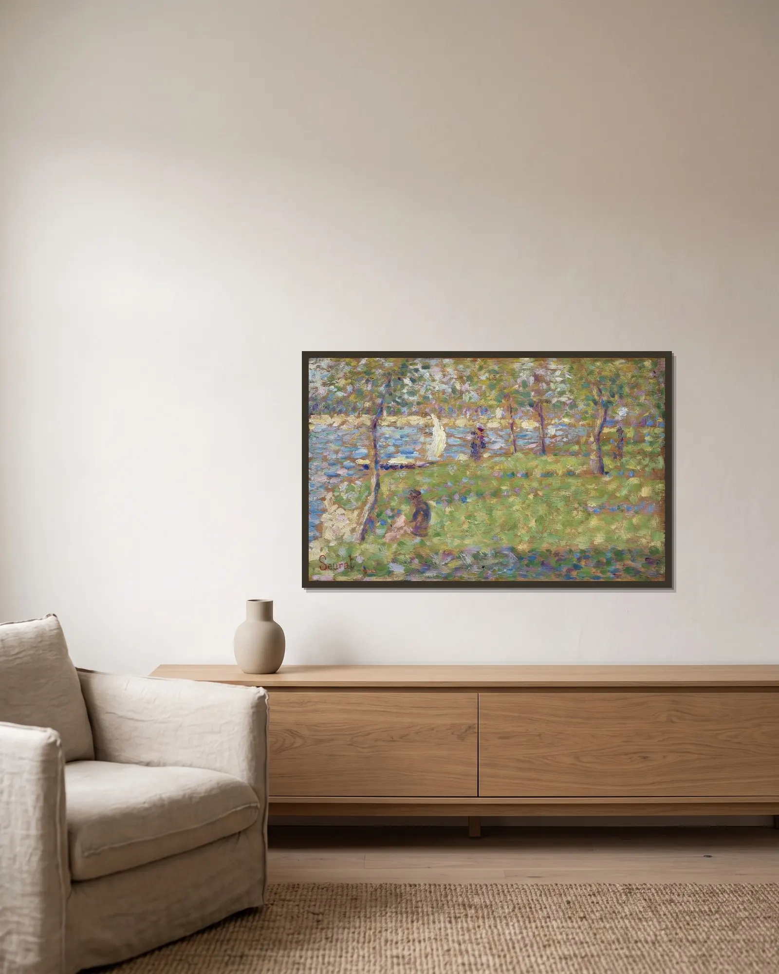 Study for La Grande Jatte av Georges Seurat inramad på en vägg