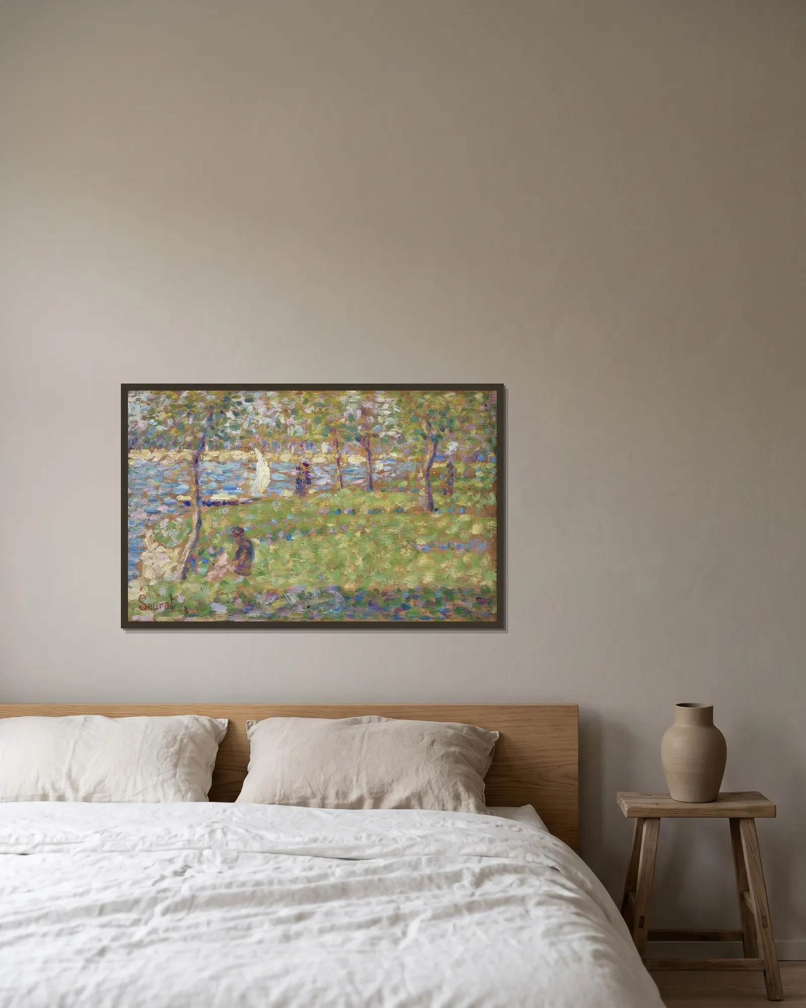 Study for La Grande Jatte av Georges Seurat inramad på en vägg