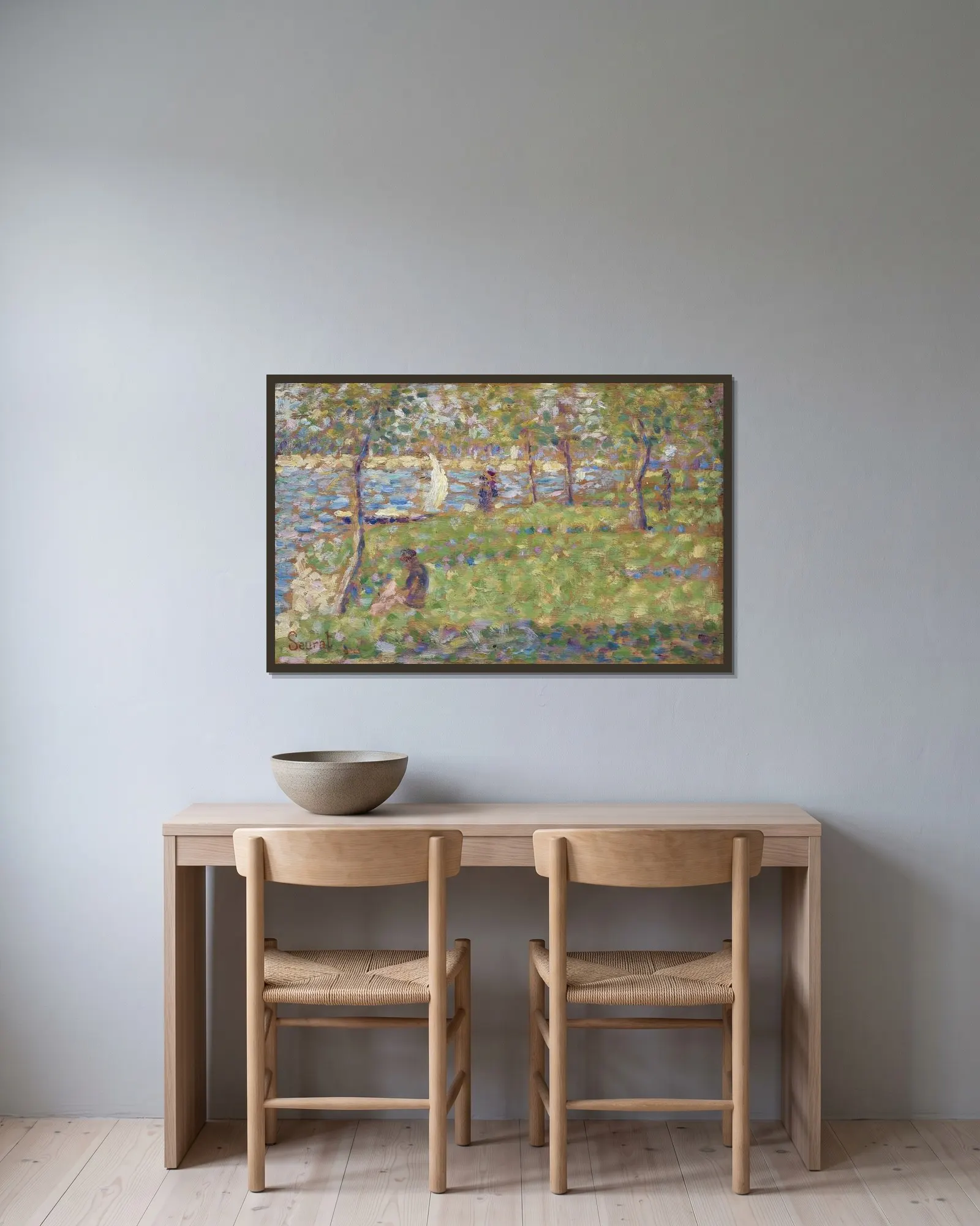 Study for La Grande Jatte av Georges Seurat inramad på en vägg