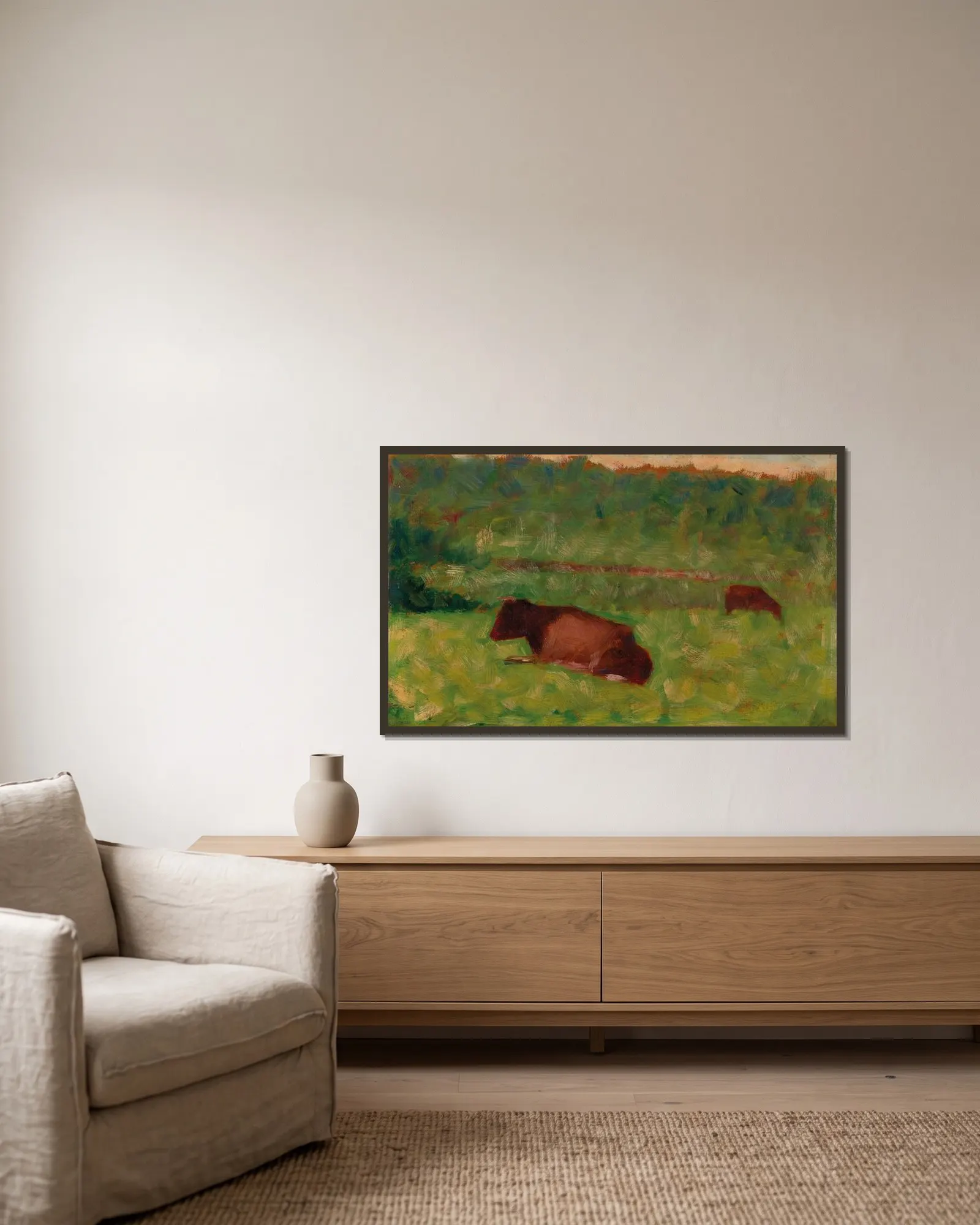 Vaches dans un pré, 1883 – nr 2 av Georges Seurat inramad på en vägg
