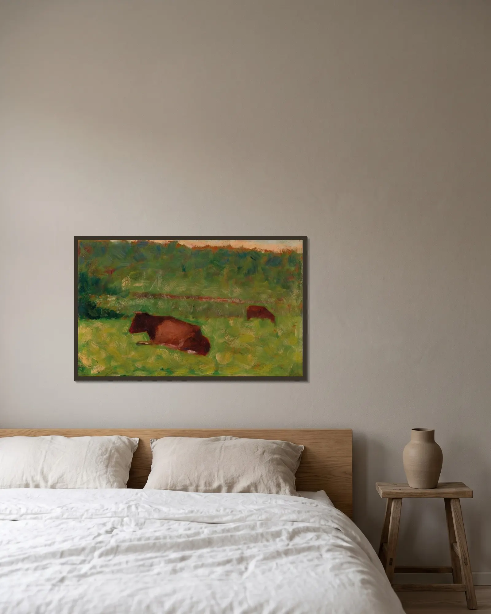 Vaches dans un pré, 1883 – nr 2 av Georges Seurat inramad på en vägg