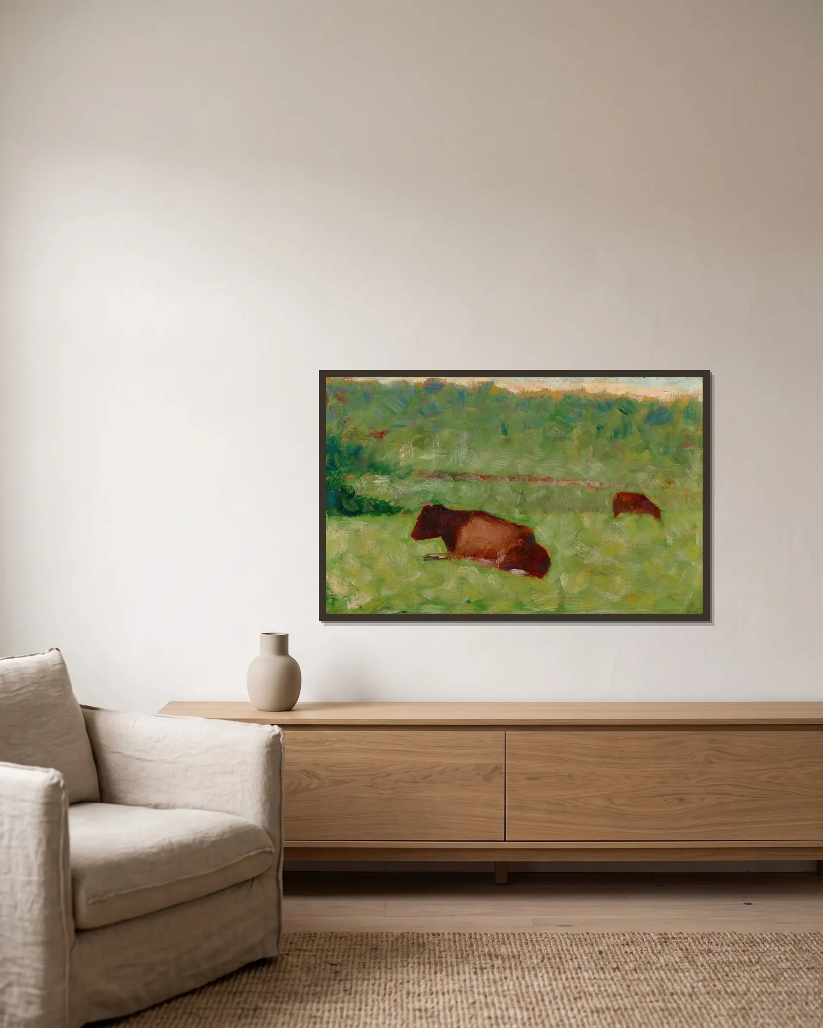 Vaches dans un pré, 1883 – nr 1 av Georges Seurat inramad på en vägg