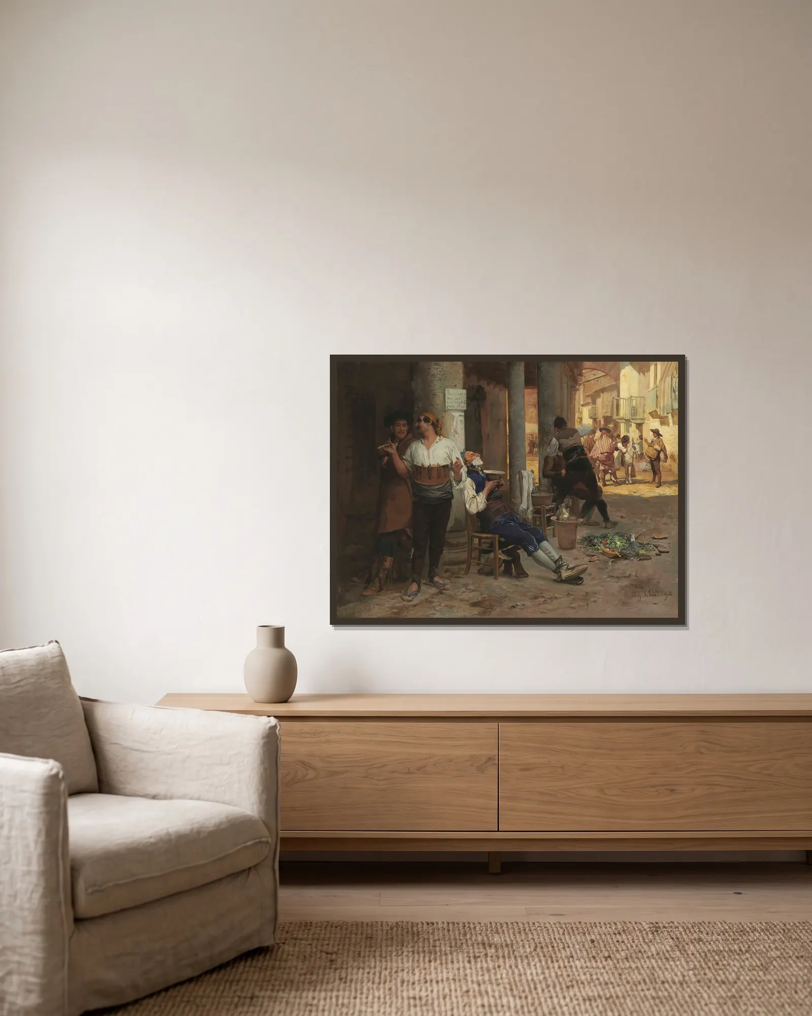 Barbier ambulant, Espagne av Jehan Georges Vibert inramad på en vägg
