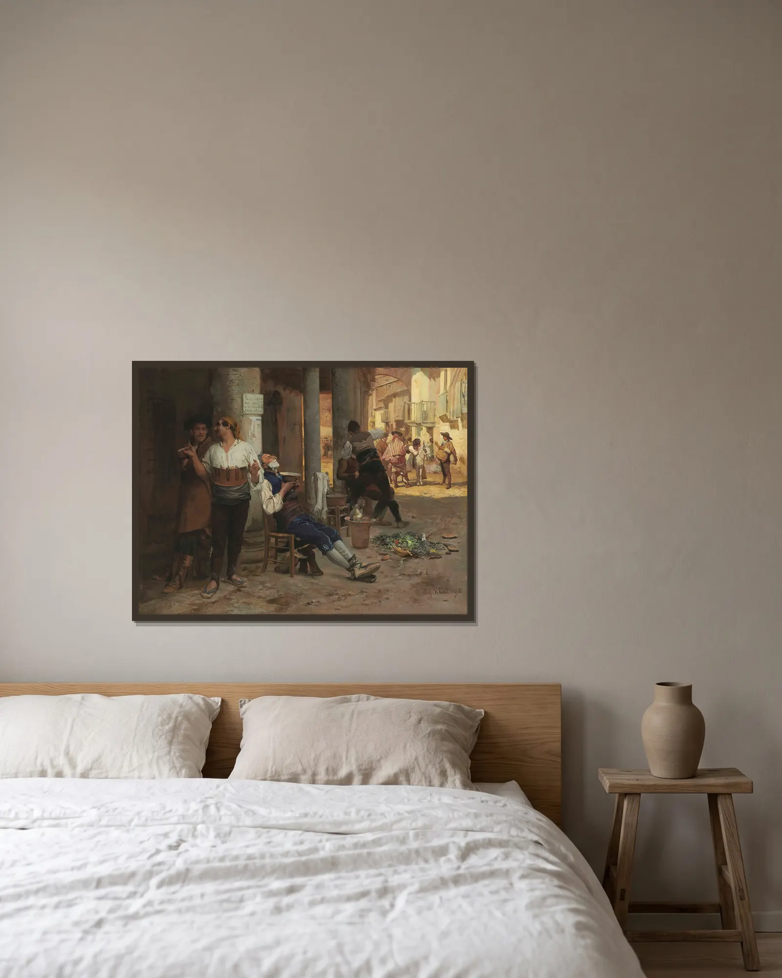Barbier ambulant, Espagne av Jehan Georges Vibert inramad på en vägg