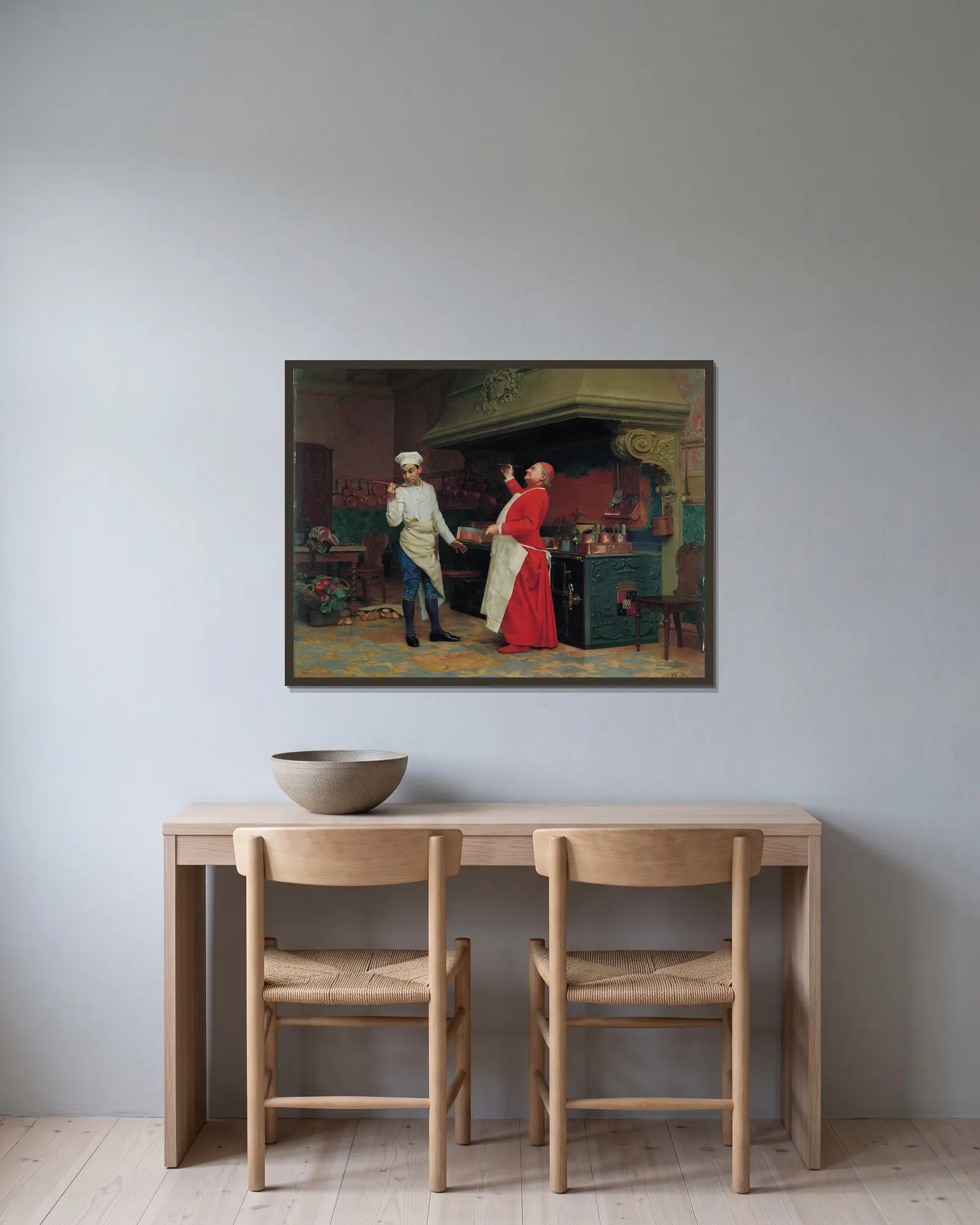 The Marvelous Sauce av Jehan Georges Vibert inramad på en vägg