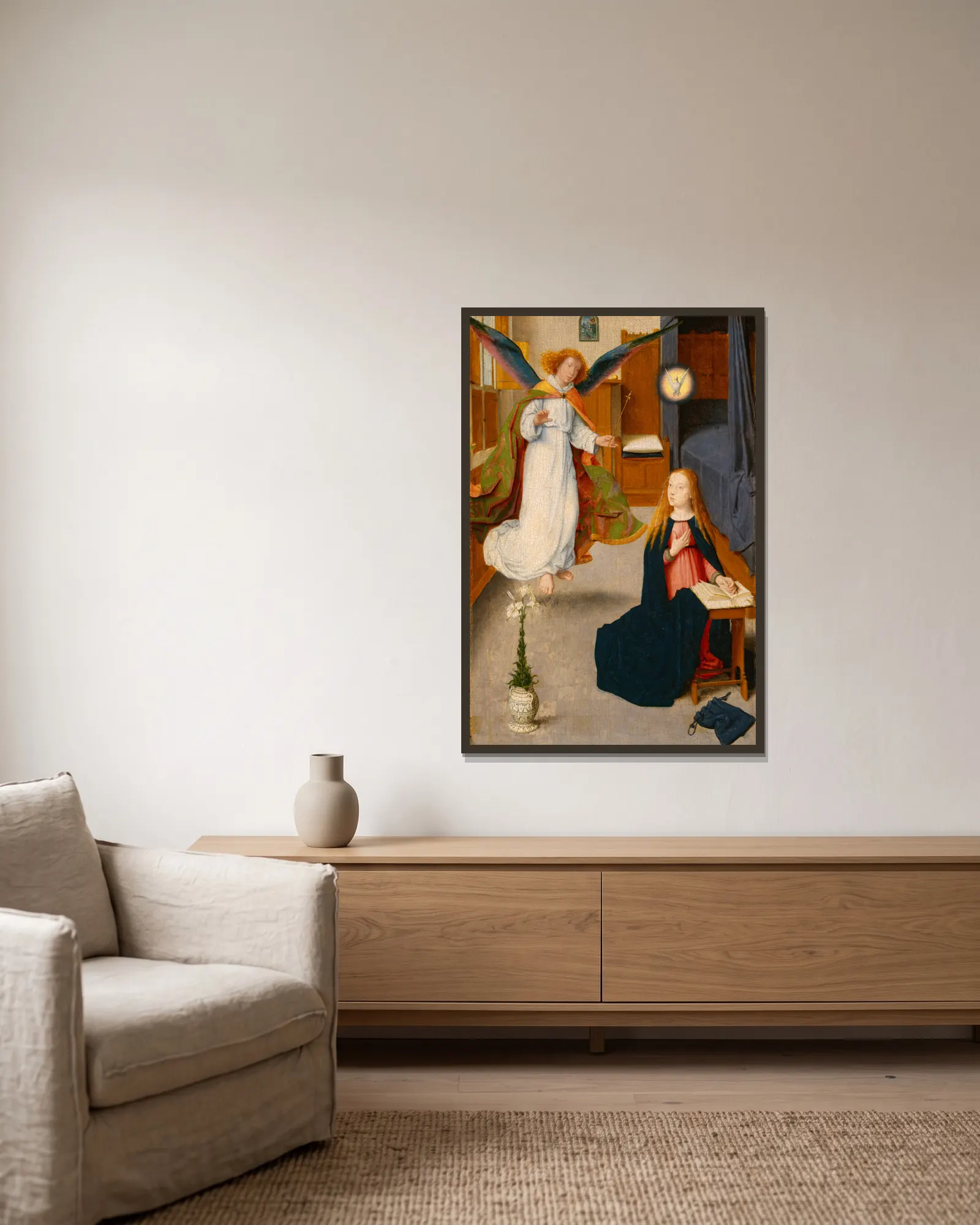 The Annunciation av Gerard David inramad på en vägg