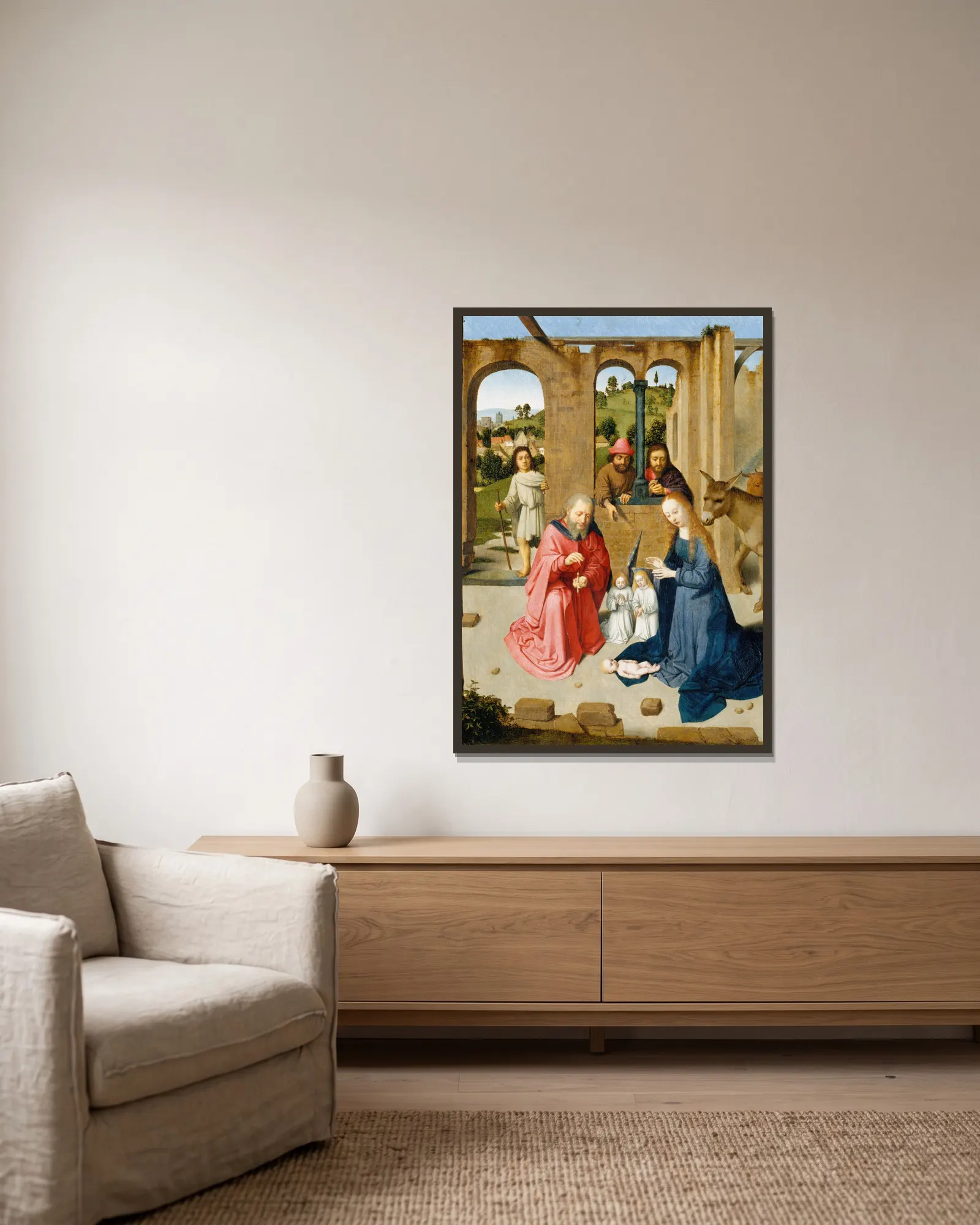 The Nativity av Gerard David inramad på en vägg